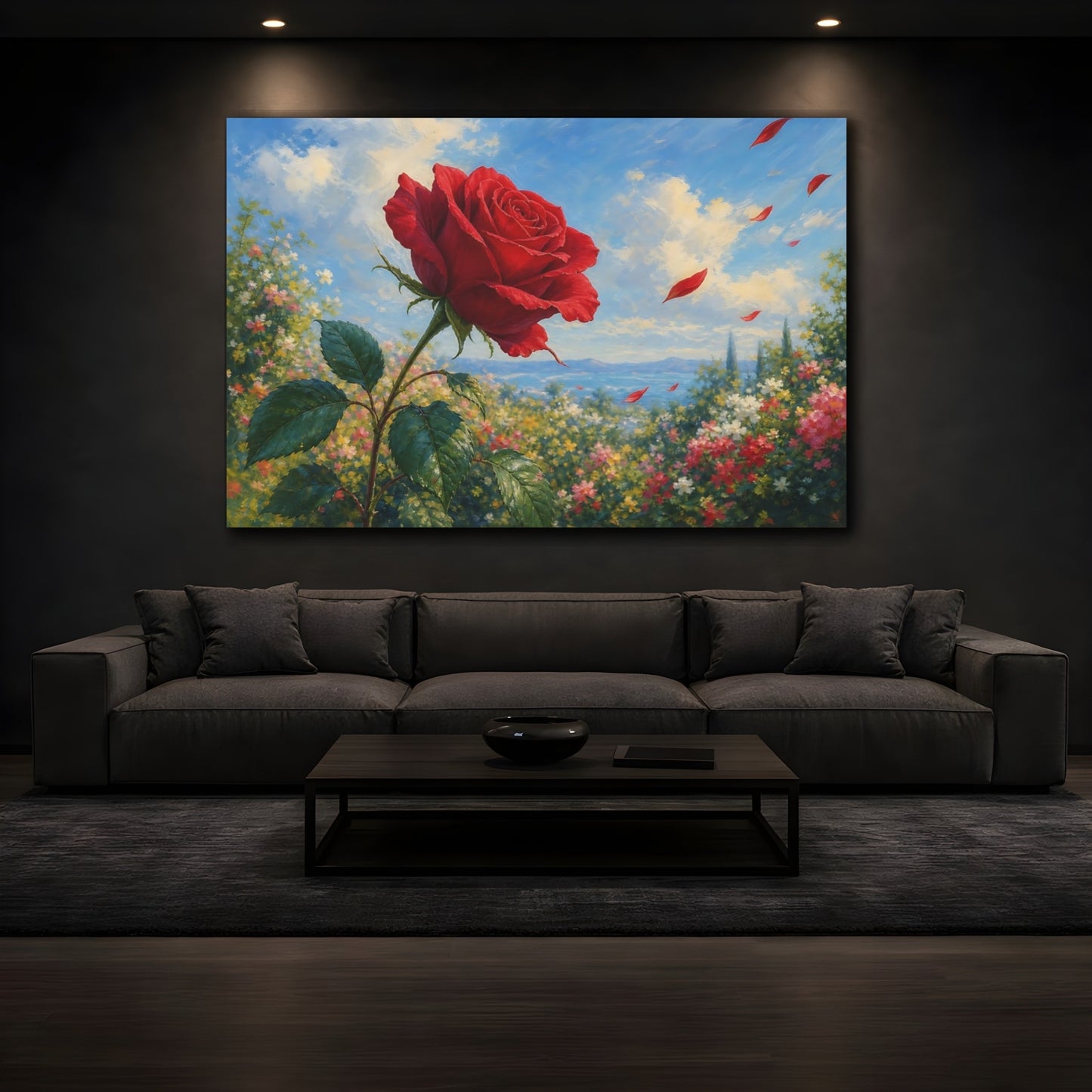 Mockup 3. Floral Red Rose Red Floral Landscape shown as stretched canvas wall art