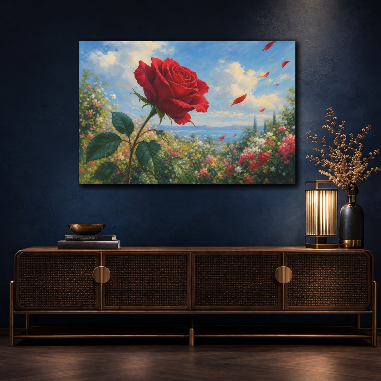 Mockup 4. Floral Red Rose Red Floral Landscape shown as stretched canvas wall art
