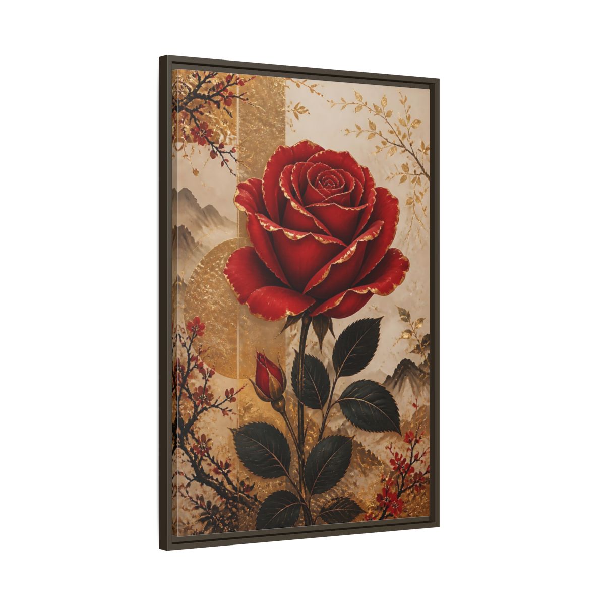 Main Mockup. Floral Red Rose Red Gold Floral shown as stretched canvas wall art