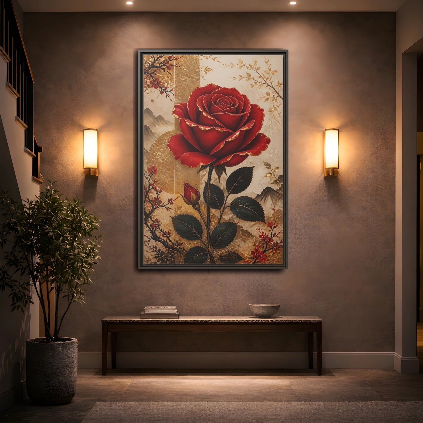 Mockup 2. Floral Red Rose Red Gold Floral shown as stretched canvas wall art