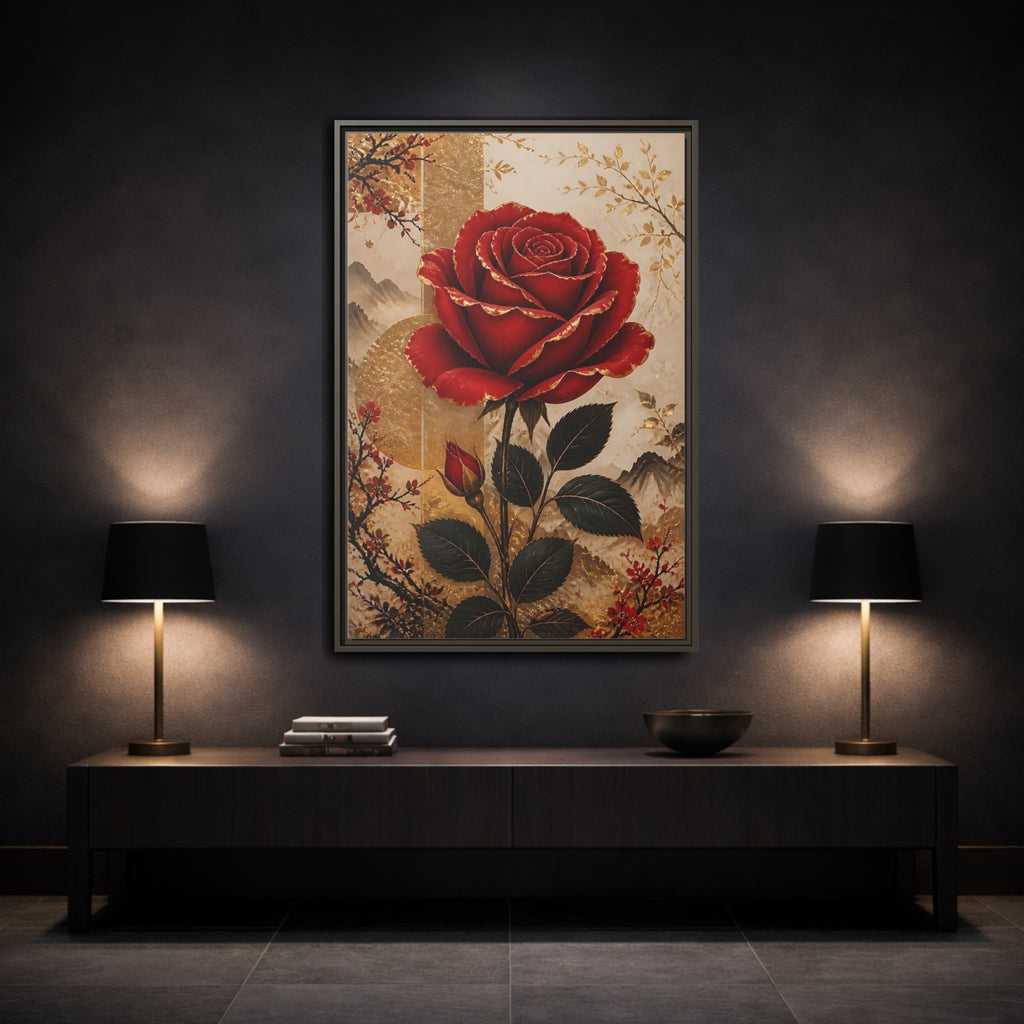 Mockup 3. Floral Red Rose Red Gold Floral shown as stretched canvas wall art