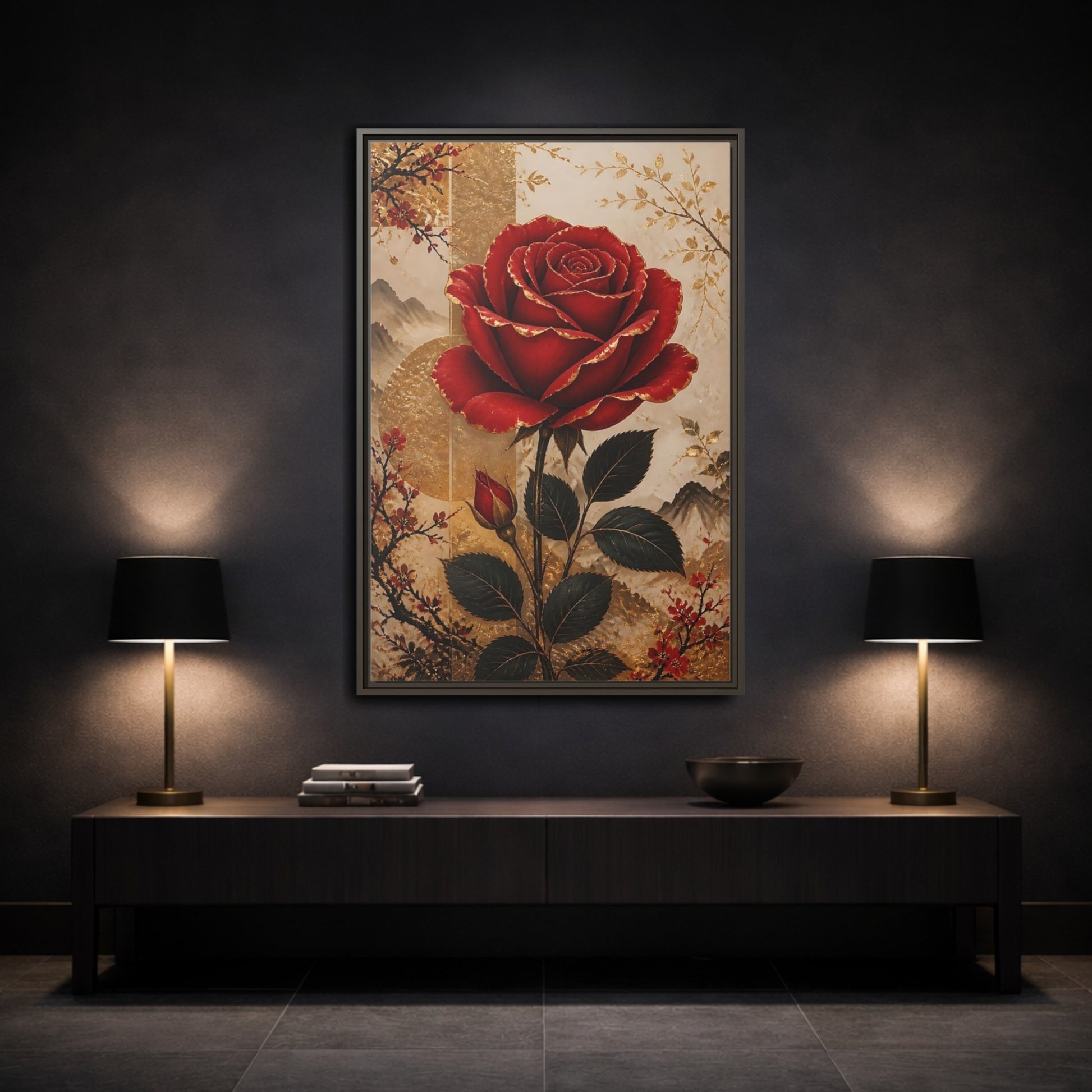 Mockup 3. Floral Red Rose Red Gold Floral shown as stretched canvas wall art