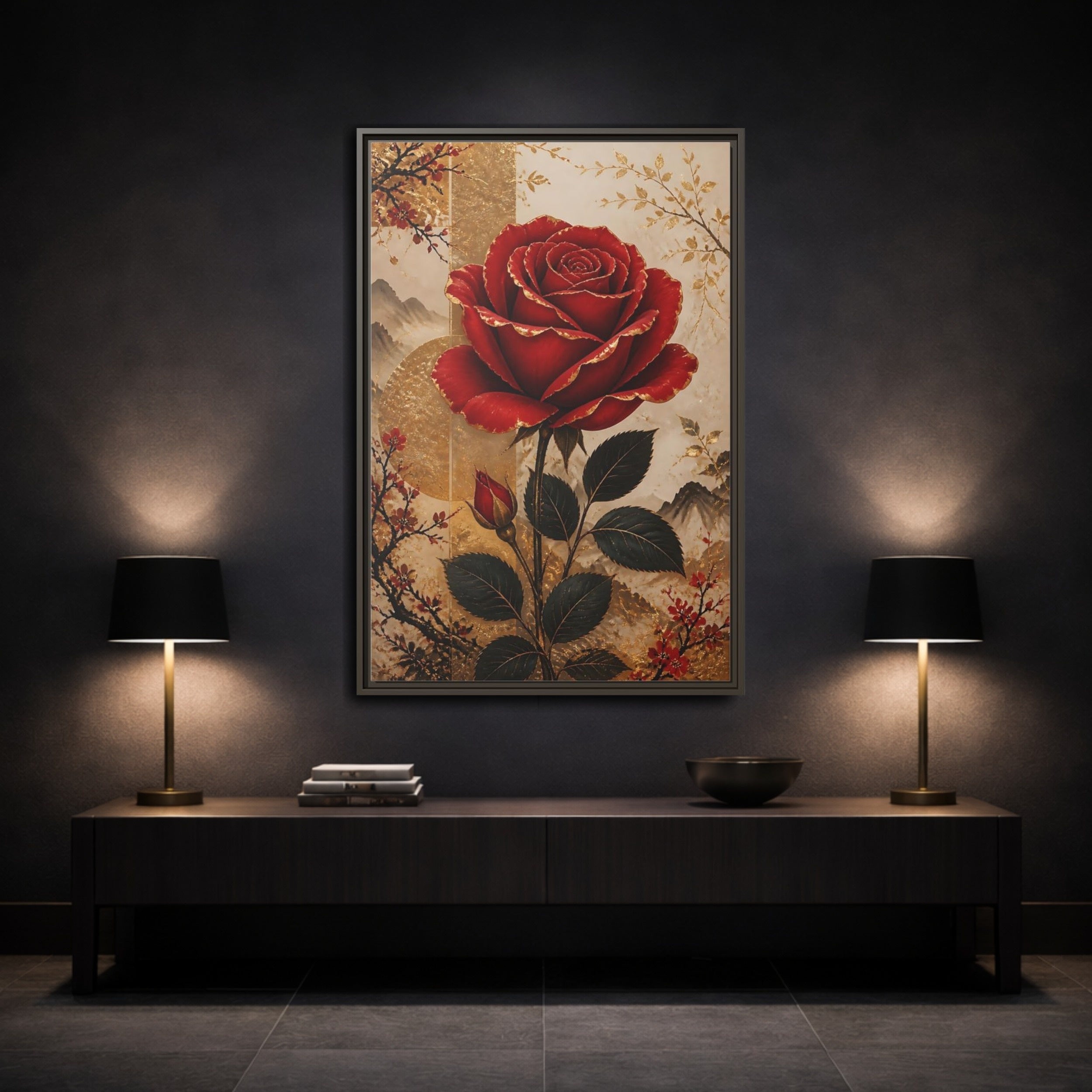 Mockup 3. Floral Red Rose Red Gold Floral shown as stretched canvas wall art