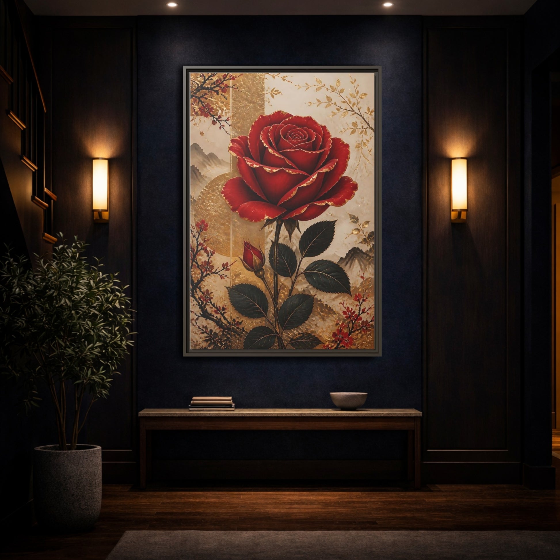Mockup 4. Floral Red Rose Red Gold Floral shown as stretched canvas wall art