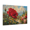 Main Mockup. Floral Red Rose Red Rose Garden shown as stretched canvas wall art