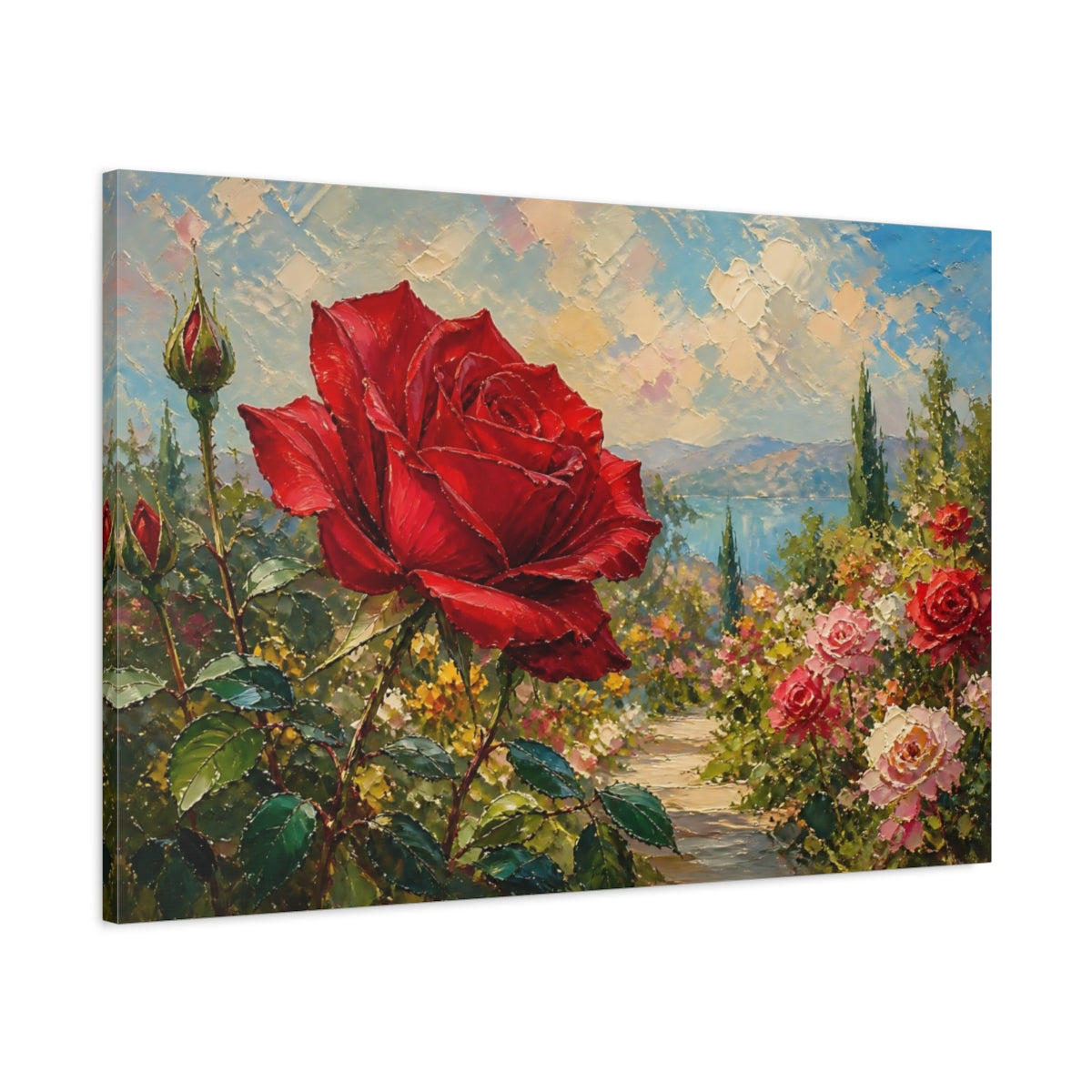 Main Mockup. Floral Red Rose Red Rose Garden shown as stretched canvas wall art