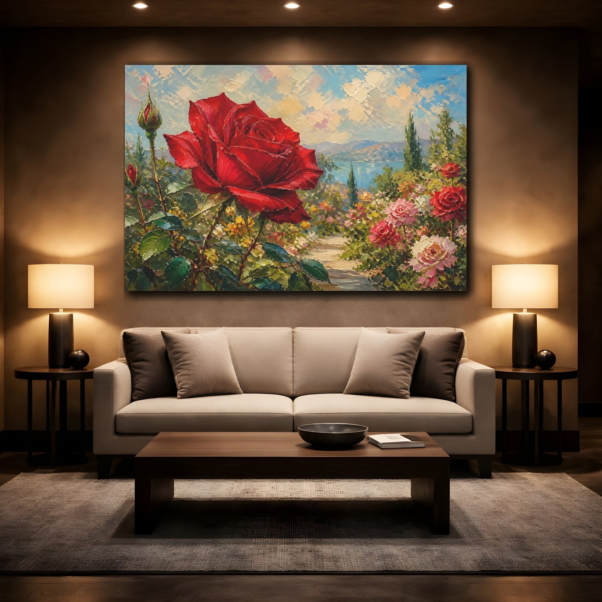 Mockup 2. Floral Red Rose Red Rose Garden shown as stretched canvas wall art