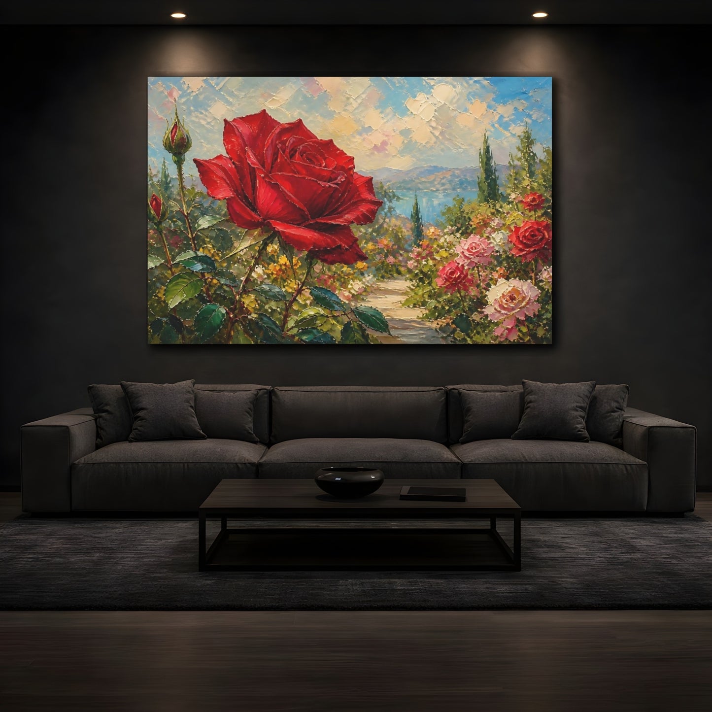 Mockup 3. Floral Red Rose Red Rose Garden shown as stretched canvas wall art