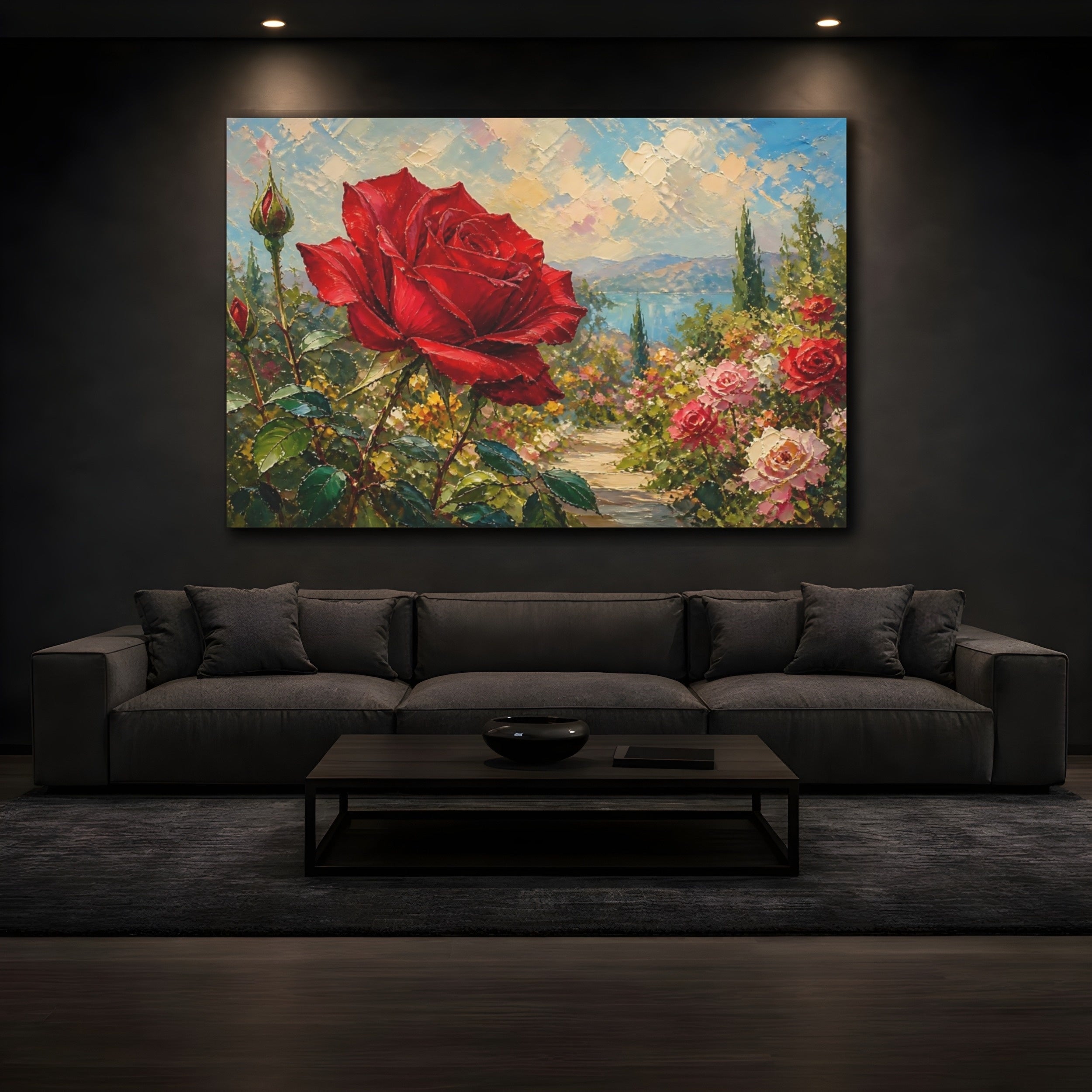 Mockup 3. Floral Red Rose Red Rose Garden shown as stretched canvas wall art