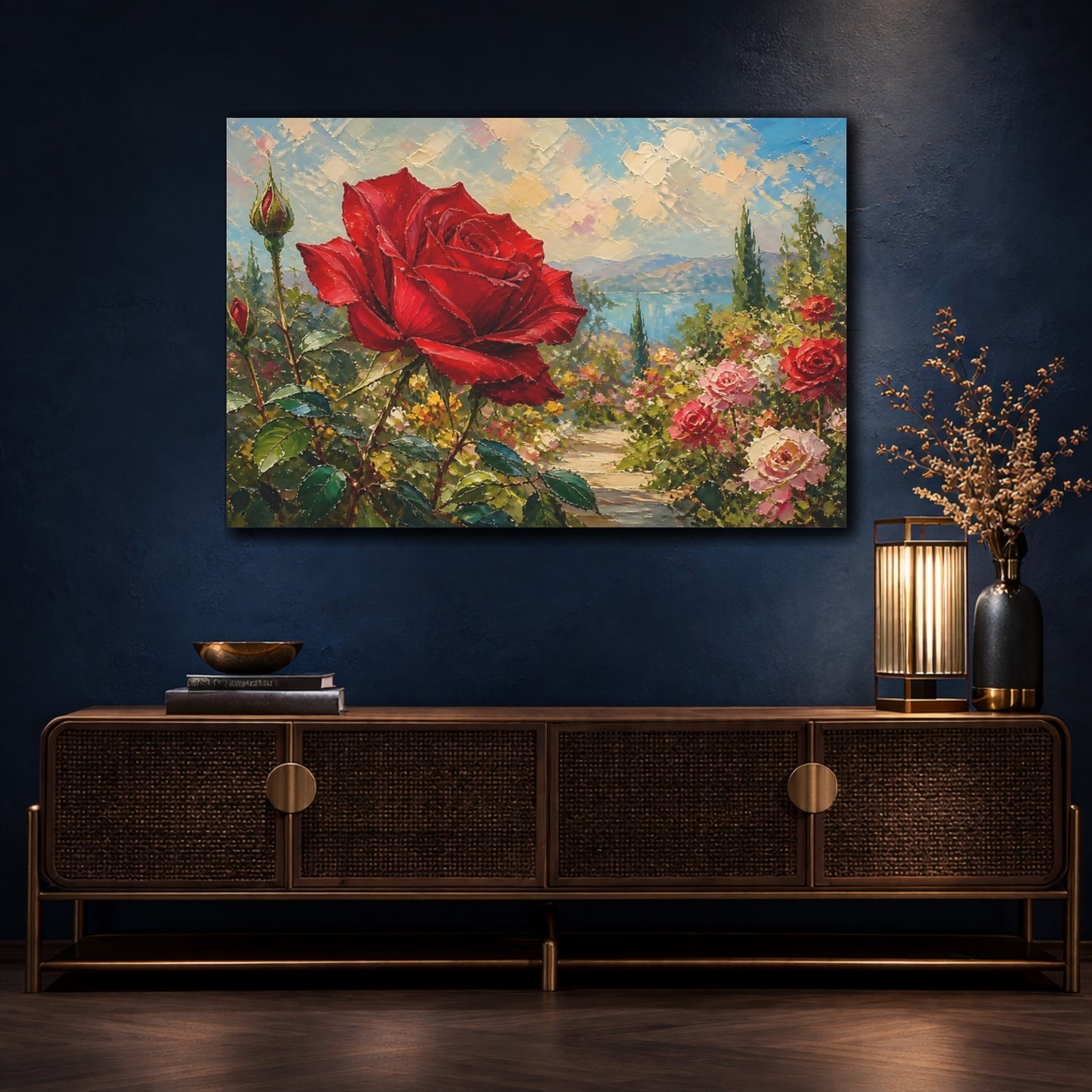 Mockup 4. Floral Red Rose Red Rose Garden shown as stretched canvas wall art
