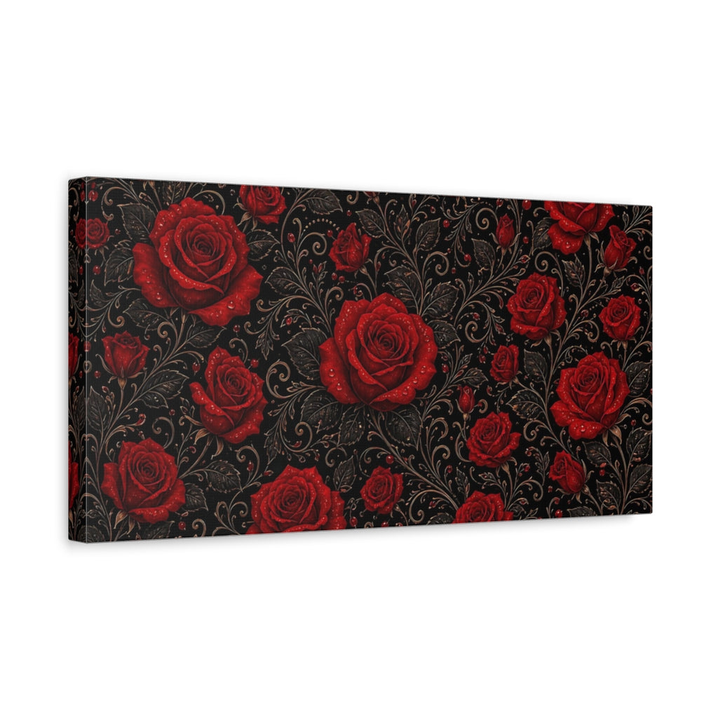 Side Mockup 3. Floral Red Roses Red And Black Floral shown as stretched canvas wall art