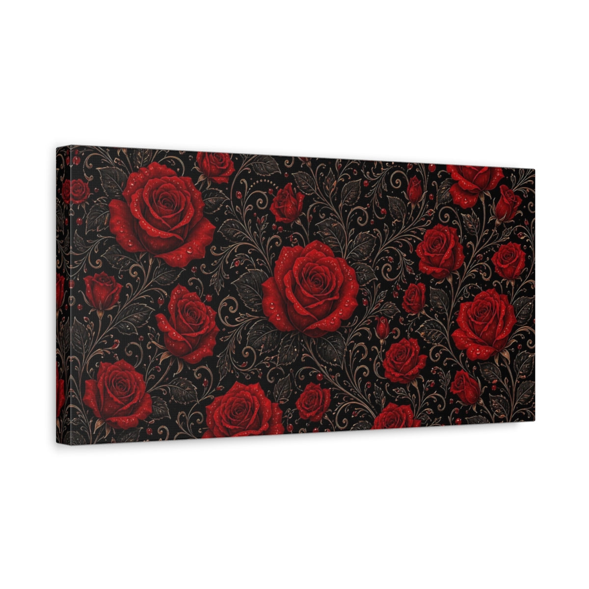 Side Mockup 3. Floral Red Roses Red And Black Floral shown as stretched canvas wall art