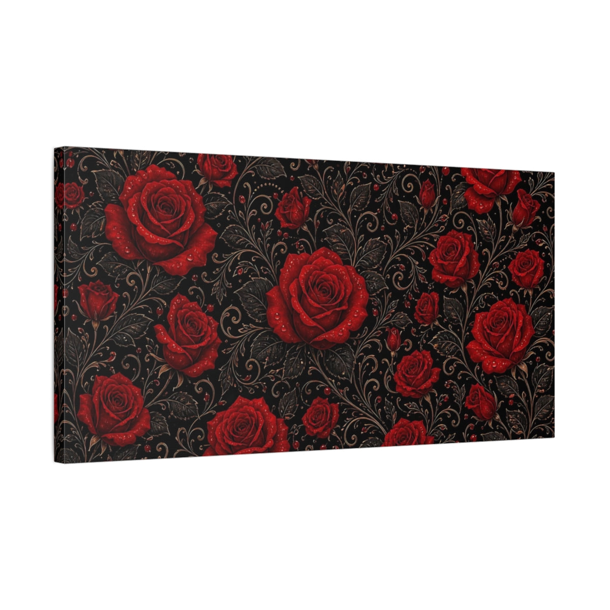 Side Mockup 1. Floral Red Roses Red And Black Floral shown as stretched canvas wall art