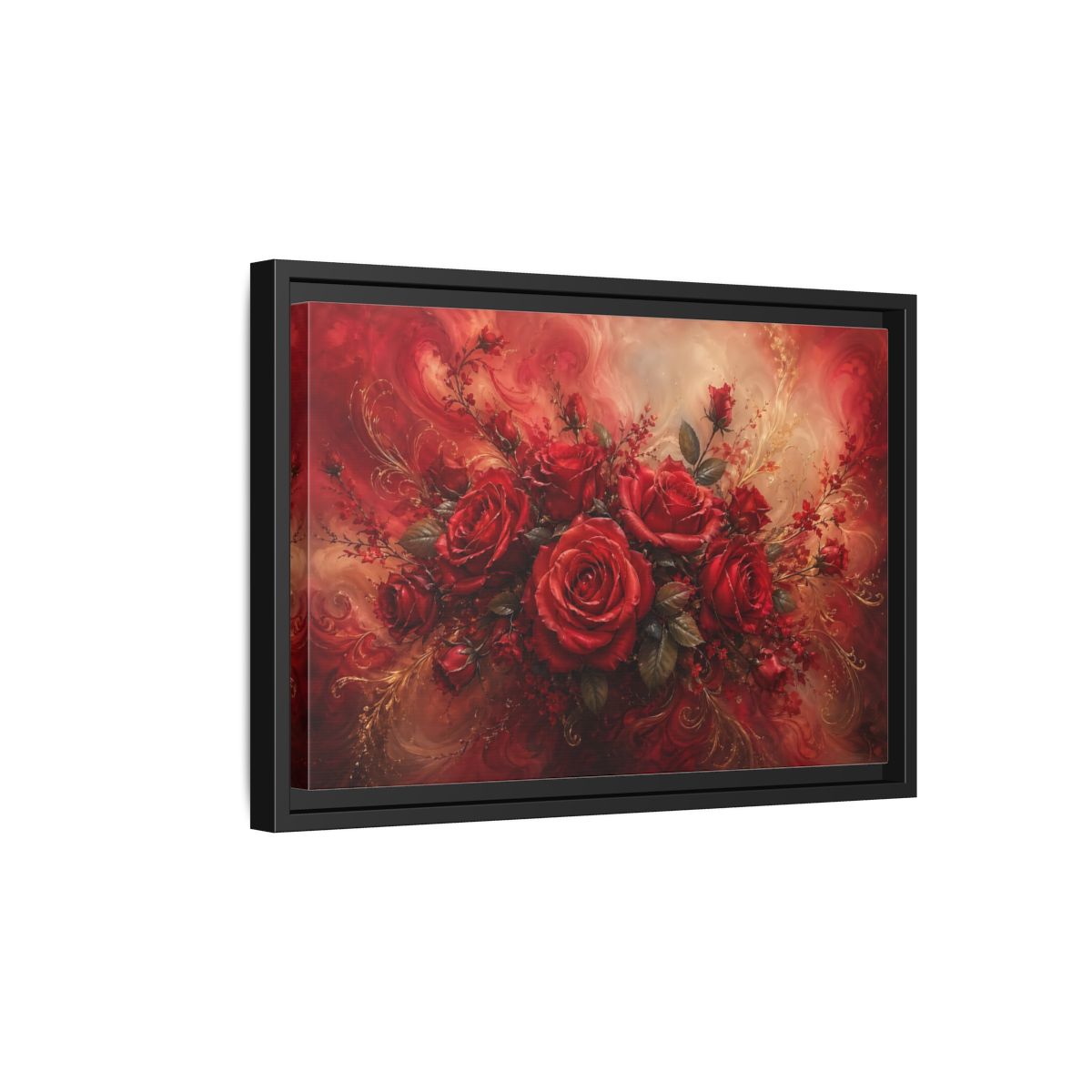 Side Mockup 6. Floral Red Roses Red And Gold shown as stretched canvas wall art