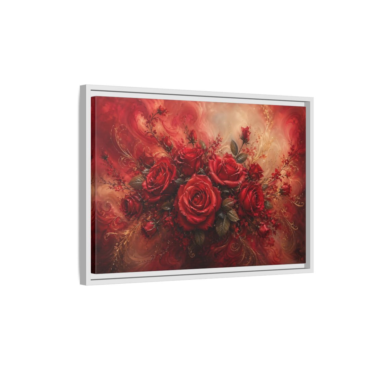 Side Mockup 1. Floral Red Roses Red And Gold shown as stretched canvas wall art