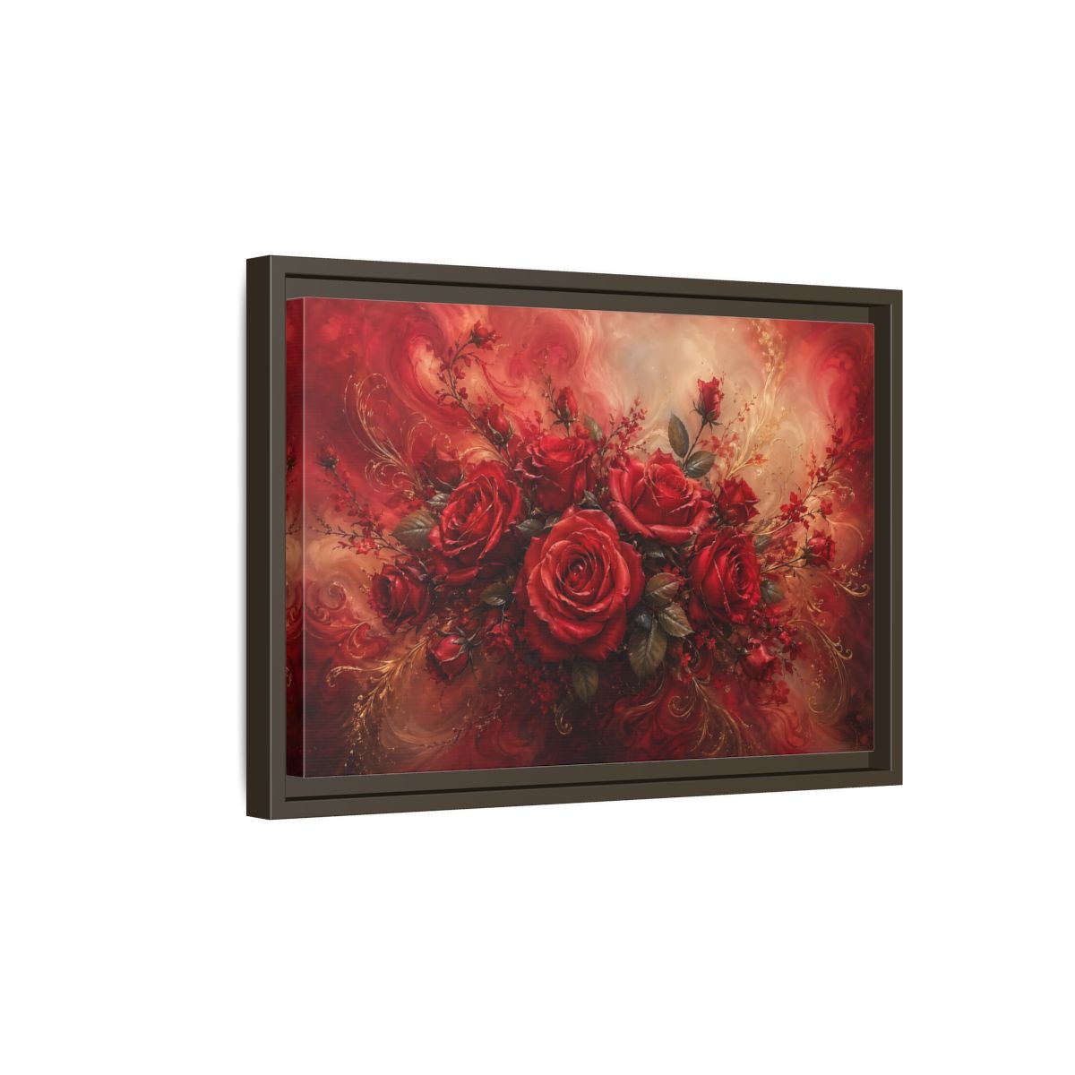 Side Mockup 5. Floral Red Roses Red And Gold shown as stretched canvas wall art
