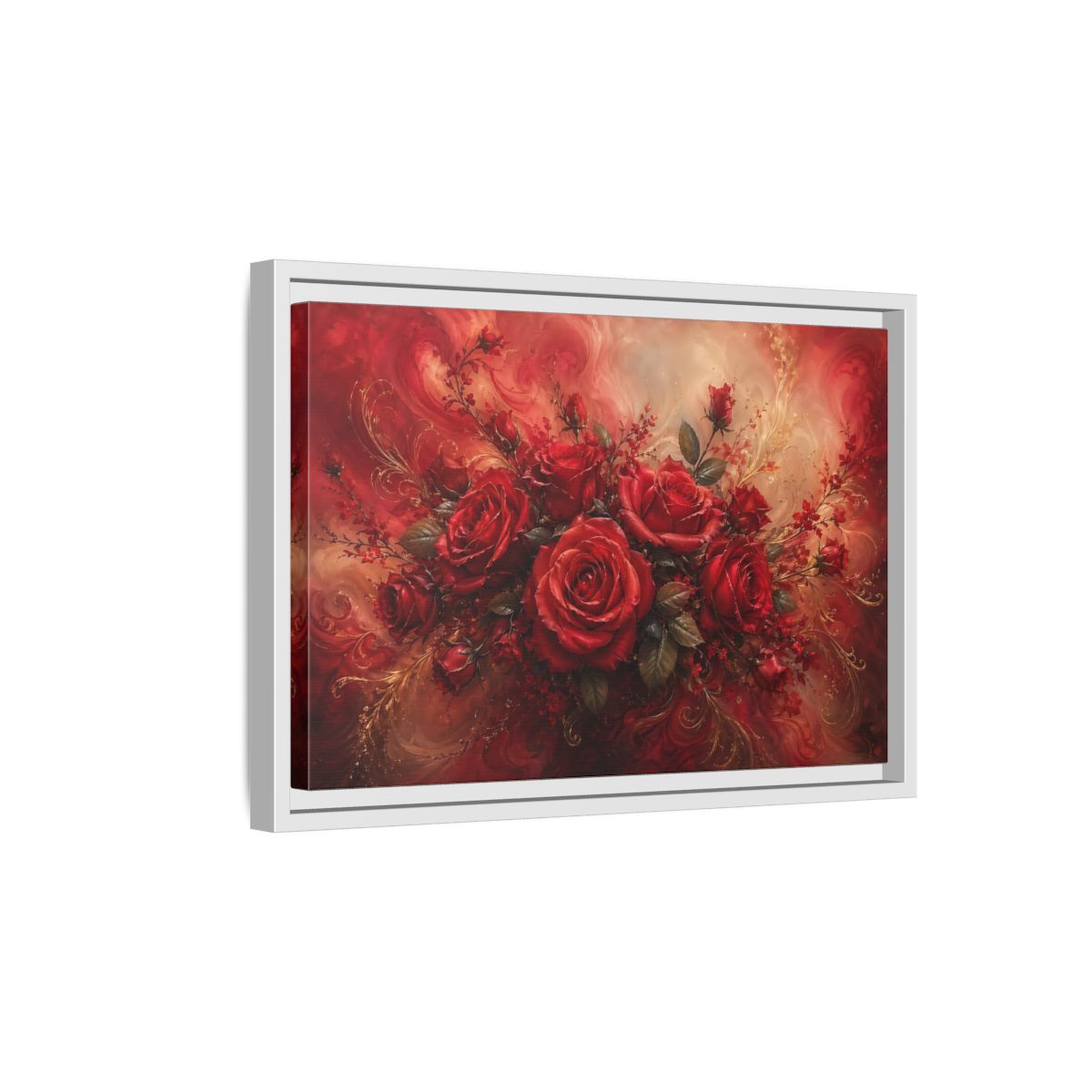 Side Mockup 4. Floral Red Roses Red And Gold shown as stretched canvas wall art