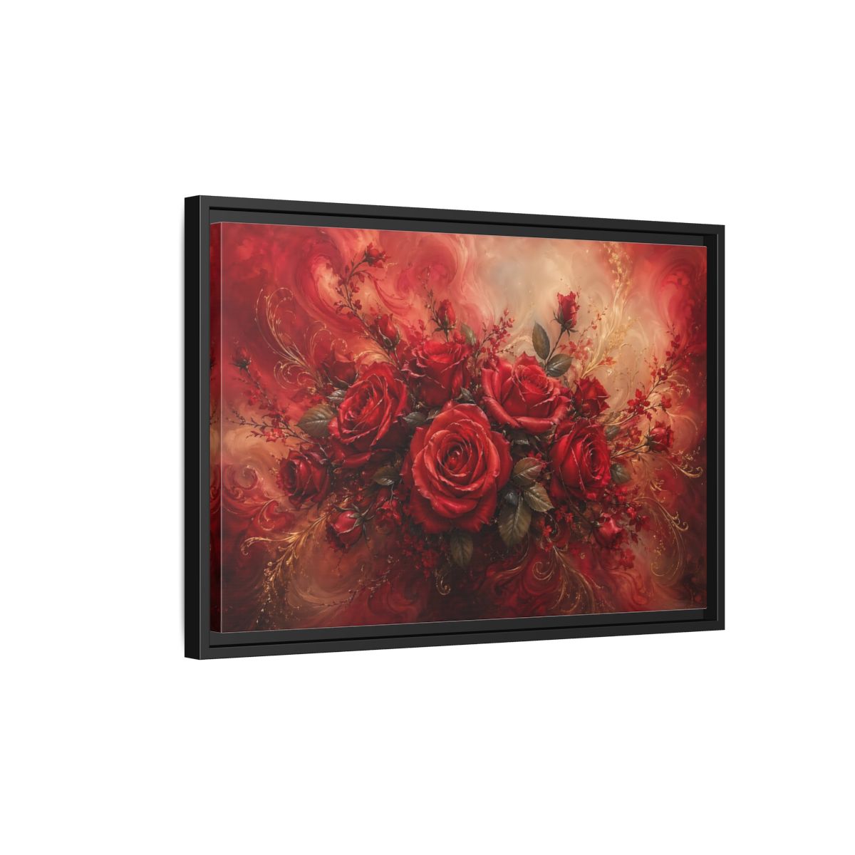Side Mockup 3. Floral Red Roses Red And Gold shown as stretched canvas wall art