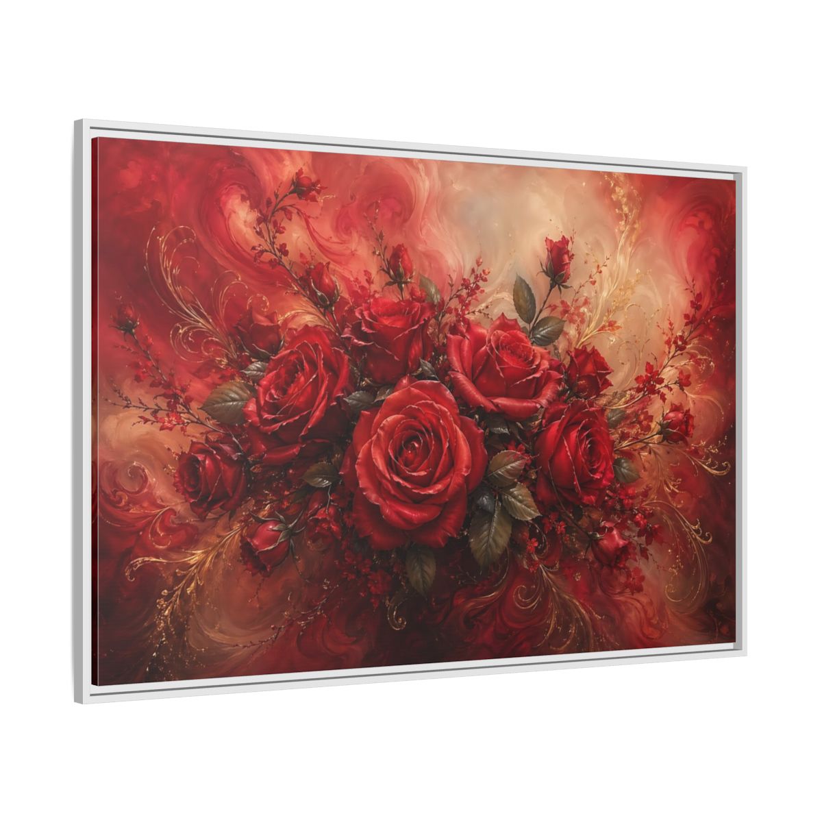 Side Mockup 7. Floral Red Roses Red And Gold shown as stretched canvas wall art