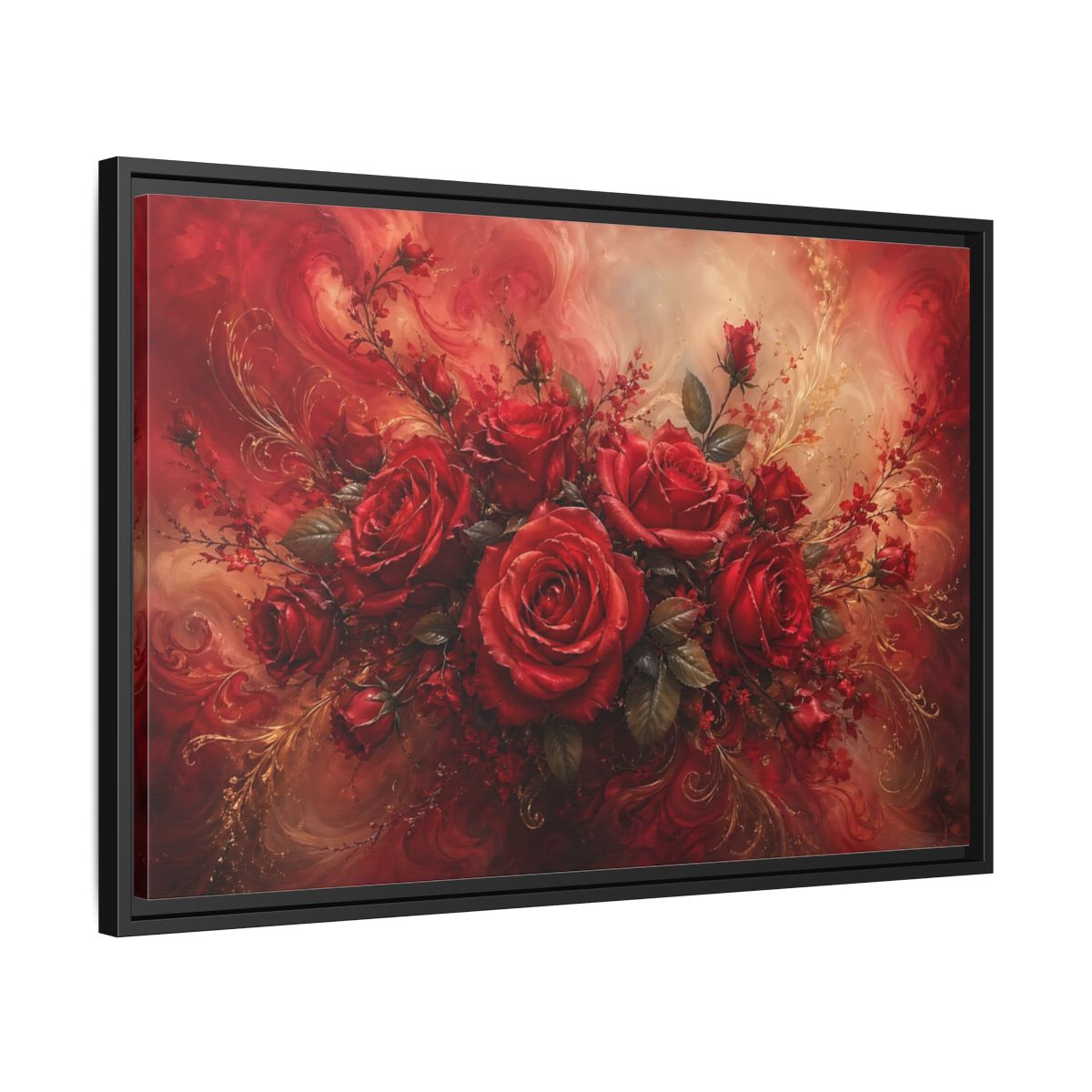 Side Mockup 14. Floral Red Roses Red And Gold shown as stretched canvas wall art