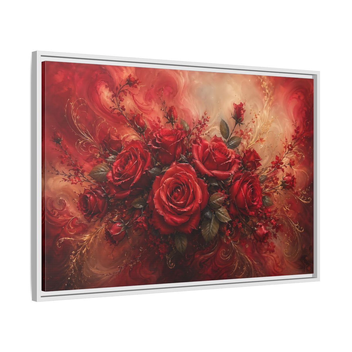 Side Mockup 9. Floral Red Roses Red And Gold shown as stretched canvas wall art