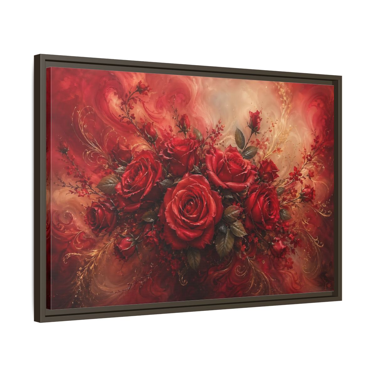 Side Mockup 11. Floral Red Roses Red And Gold shown as stretched canvas wall art
