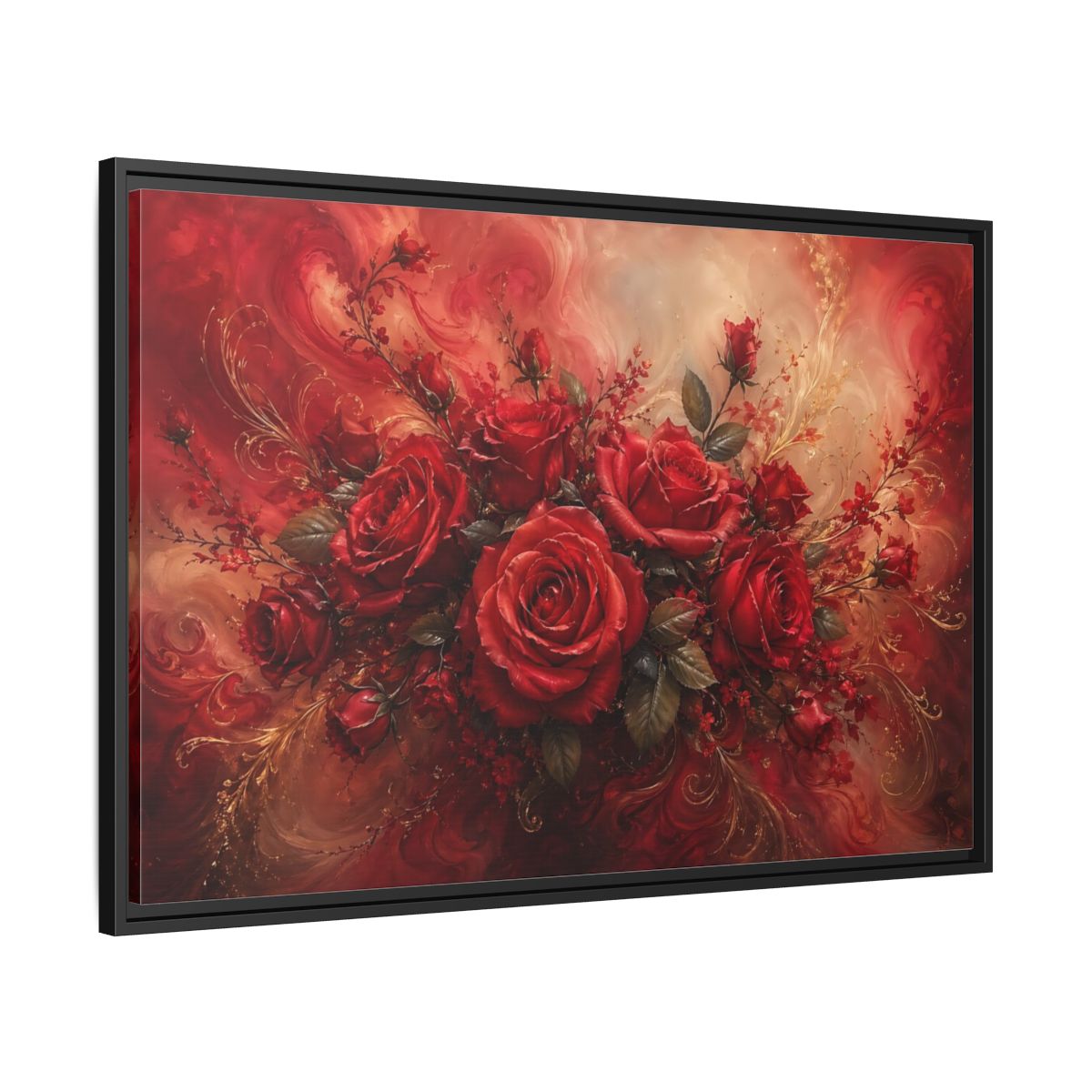 Side Mockup 13. Floral Red Roses Red And Gold shown as stretched canvas wall art