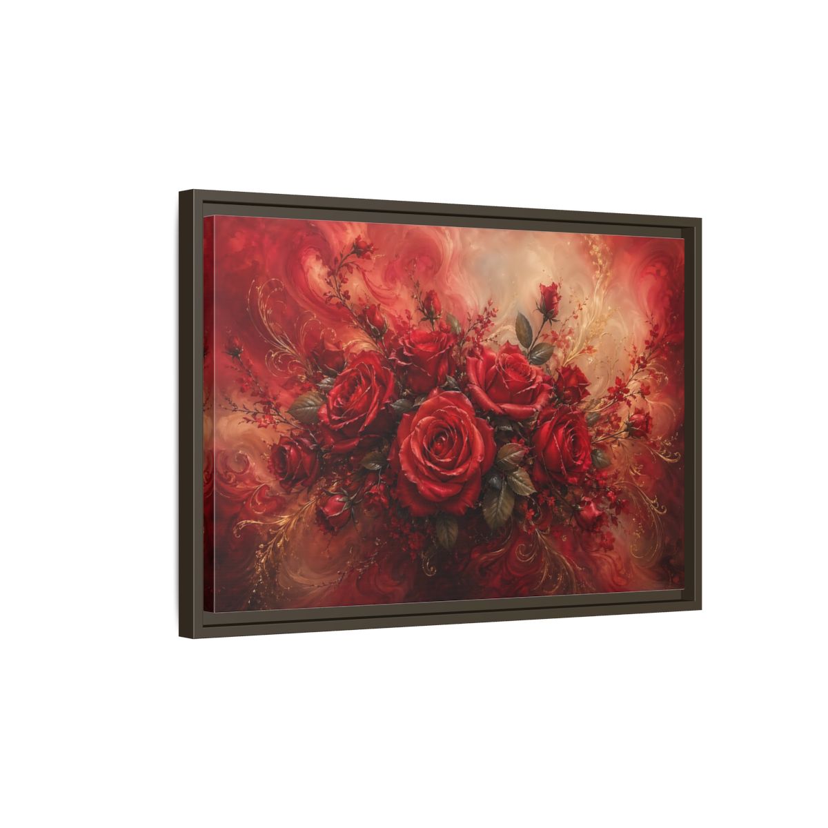 Side Mockup 2. Floral Red Roses Red And Gold shown as stretched canvas wall art