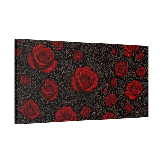 Main Mockup. Floral Red Roses Red And Black Floral shown as stretched canvas wall art