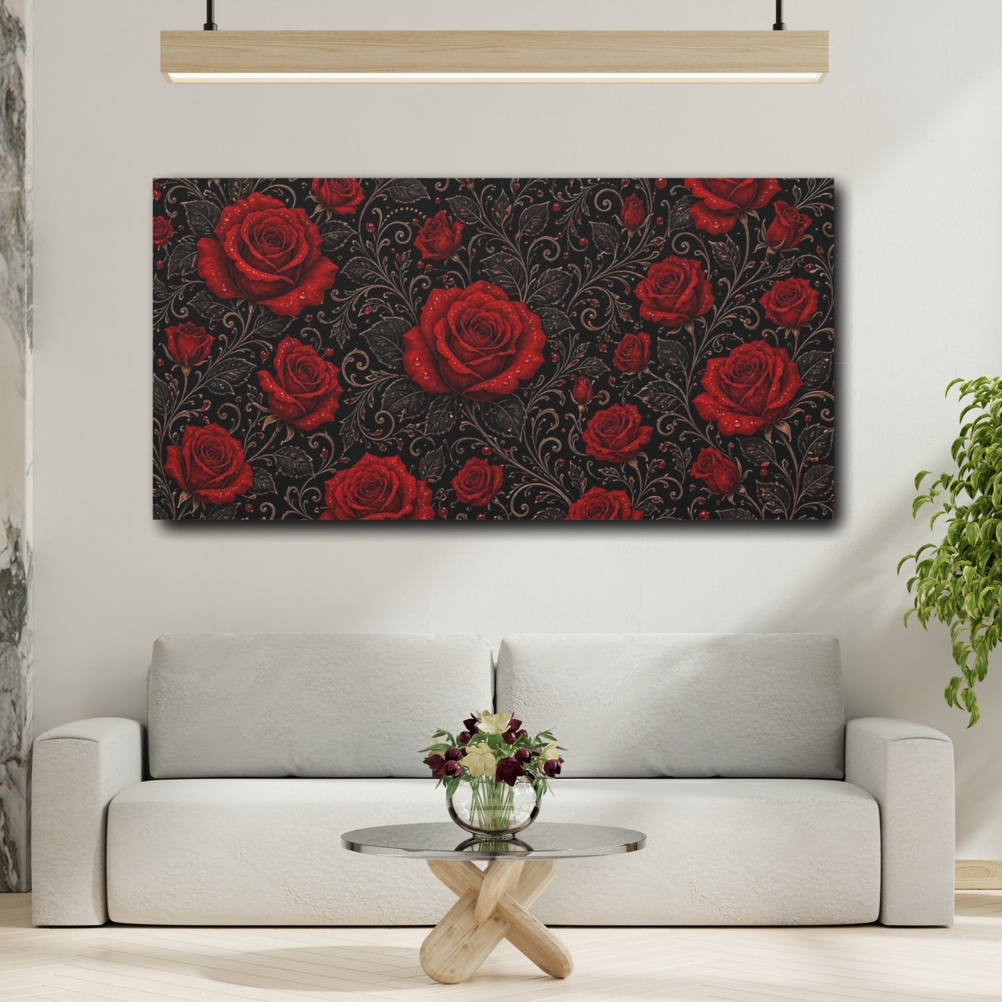 Mockup 2. Floral Red Roses Red And Black Floral shown as stretched canvas wall art