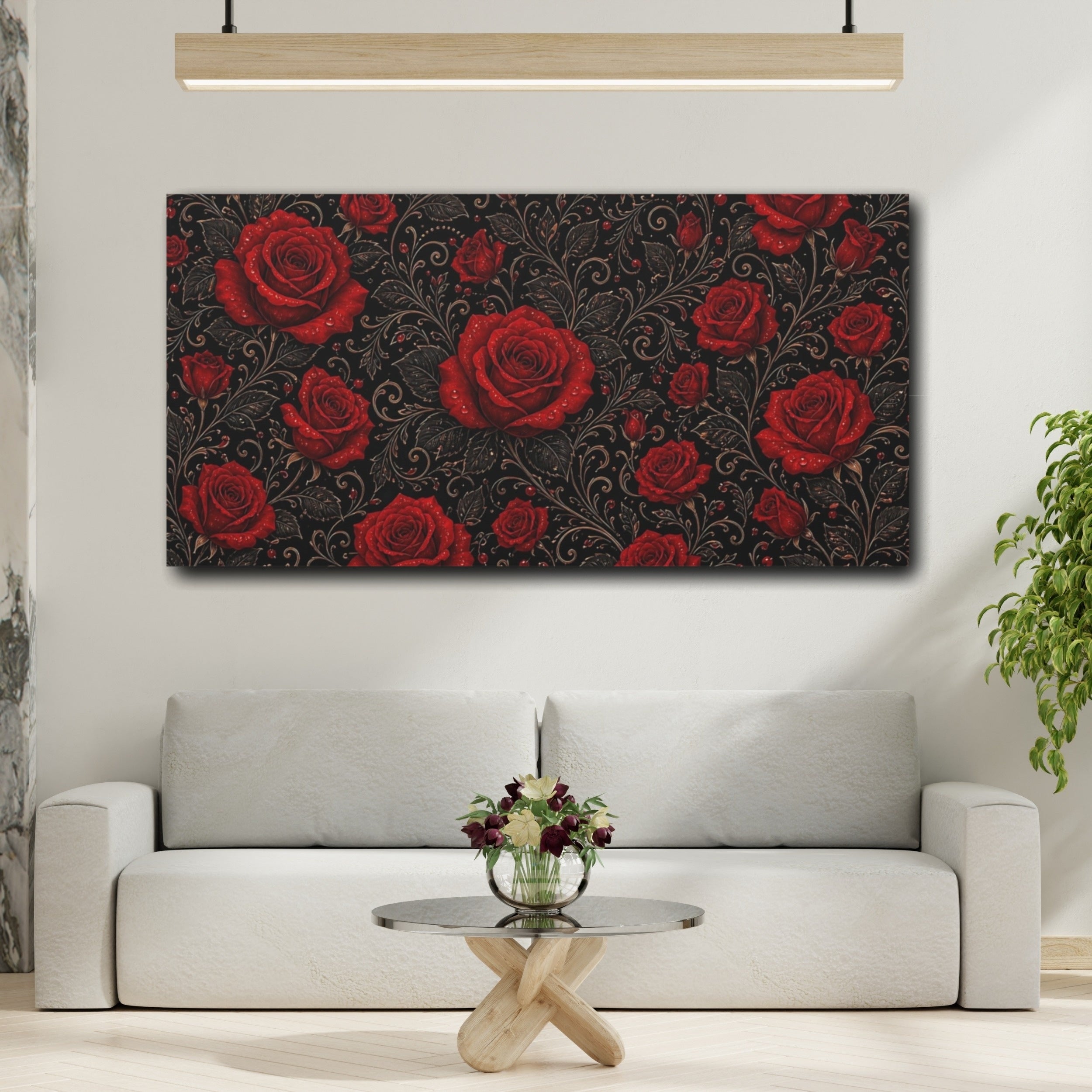 Mockup 2. Floral Red Roses Red And Black Floral shown as stretched canvas wall art