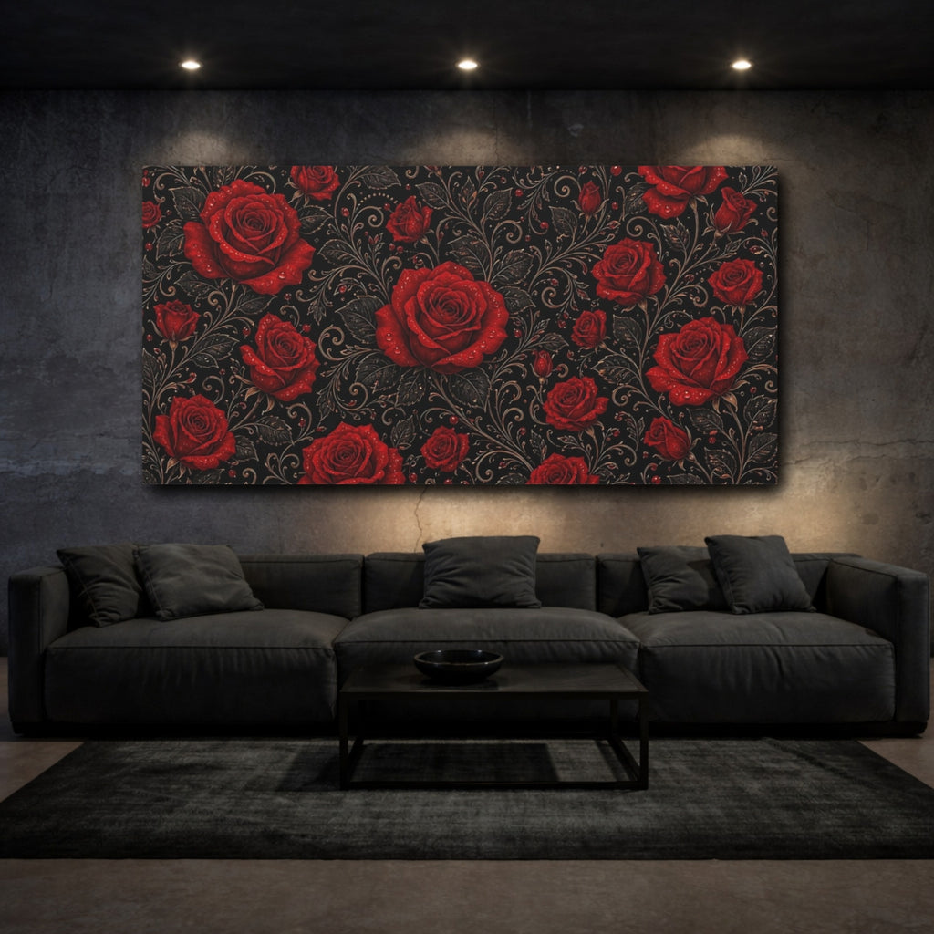 Mockup 3. Floral Red Roses Red And Black Floral shown as stretched canvas wall art