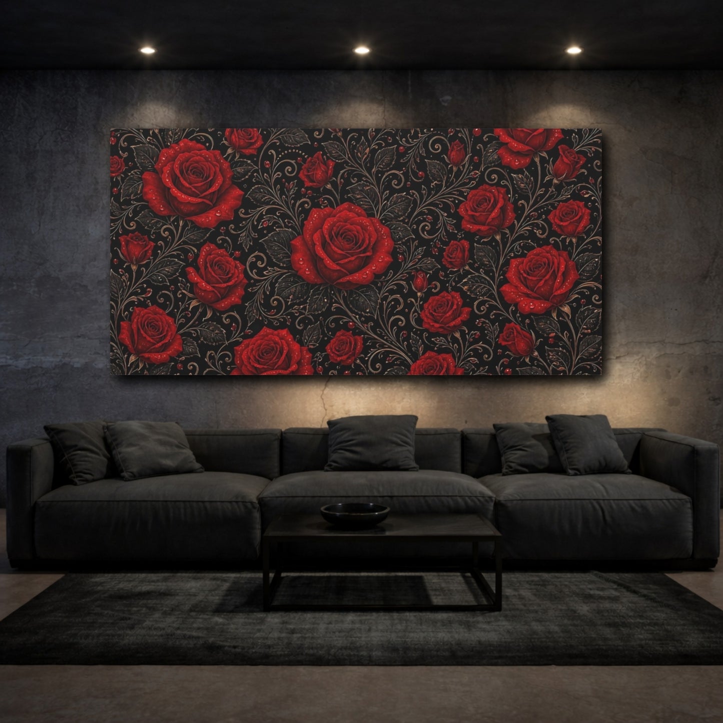 Mockup 3. Floral Red Roses Red And Black Floral shown as stretched canvas wall art