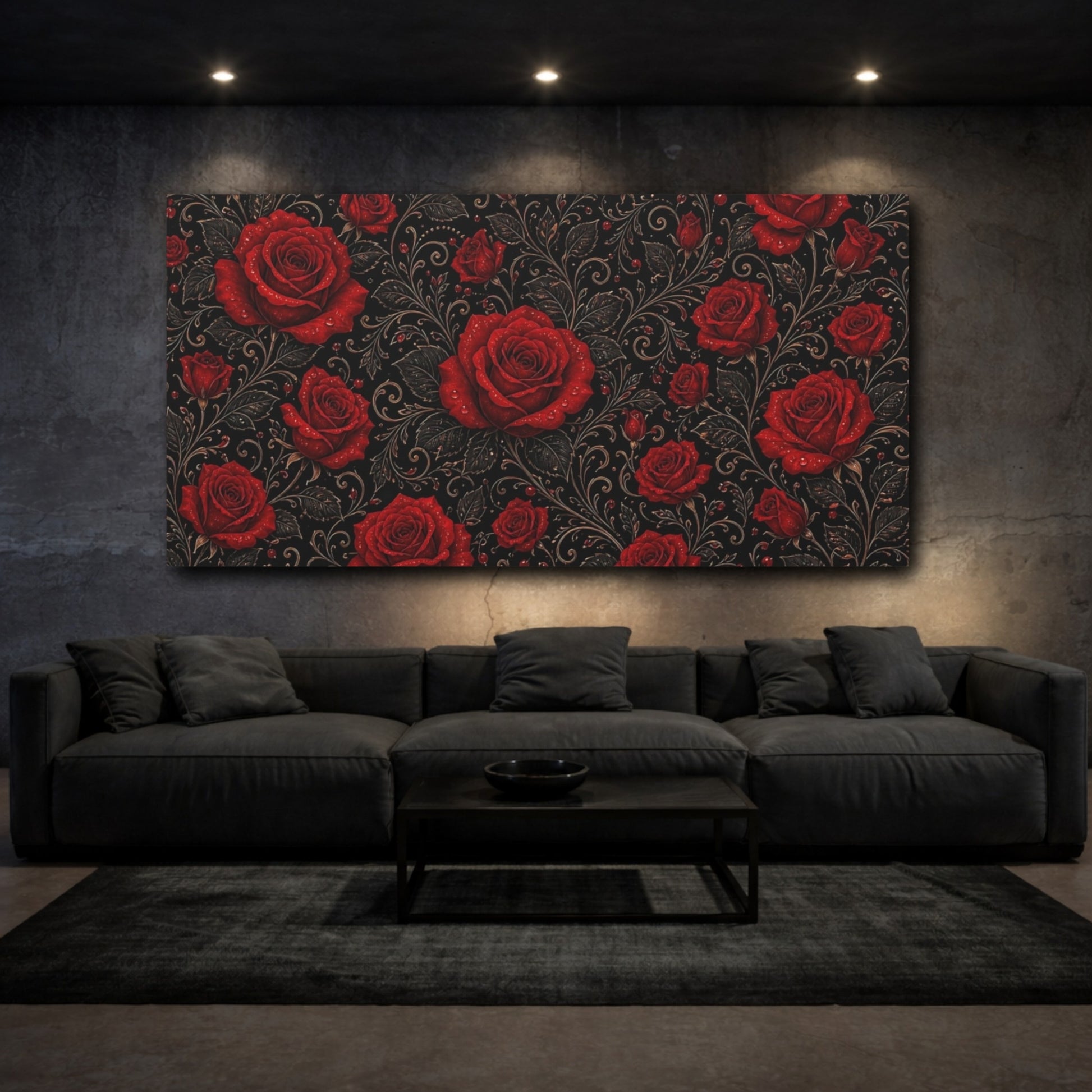 Mockup 3. Floral Red Roses Red And Black Floral shown as stretched canvas wall art
