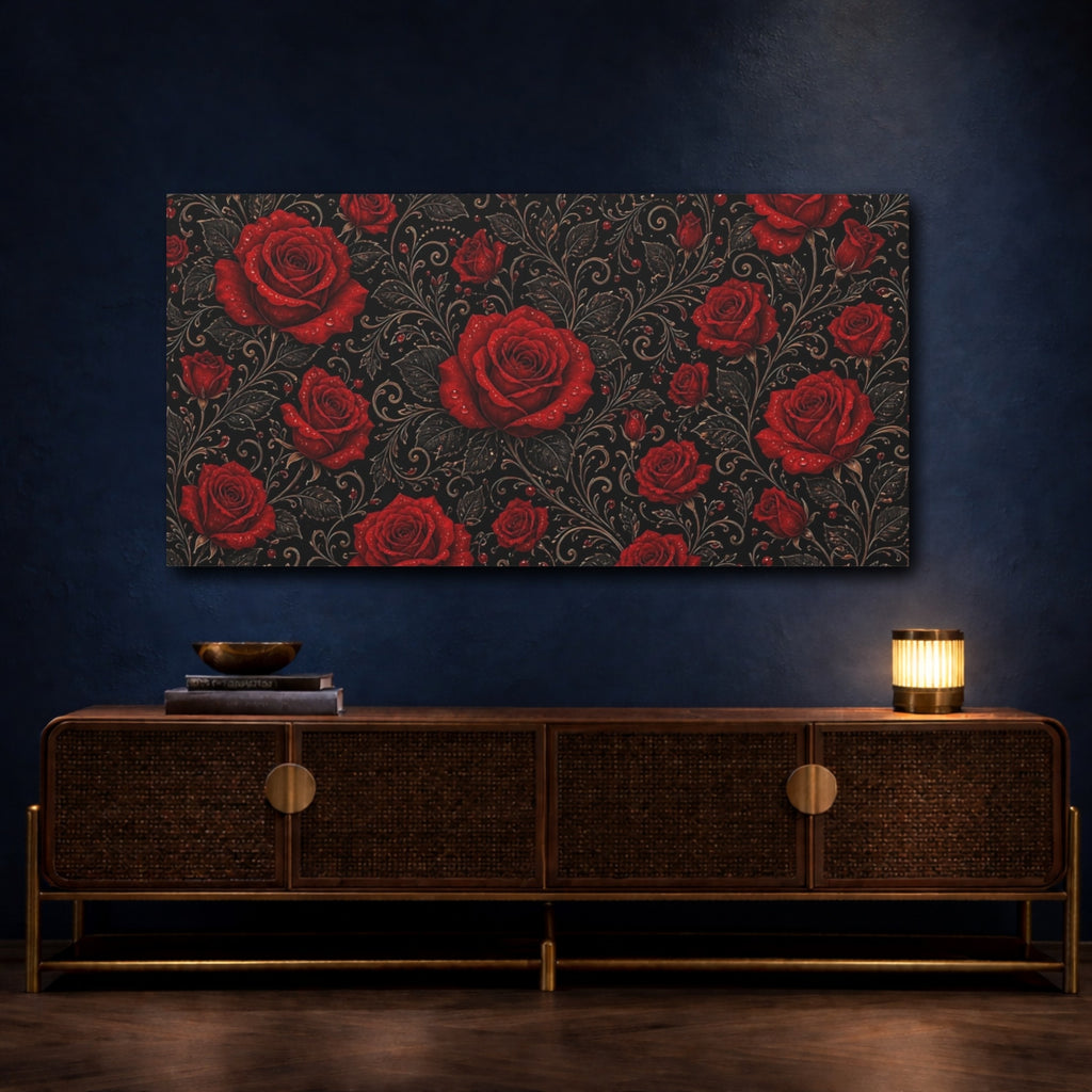 Mockup 4. Floral Red Roses Red And Black Floral shown as stretched canvas wall art