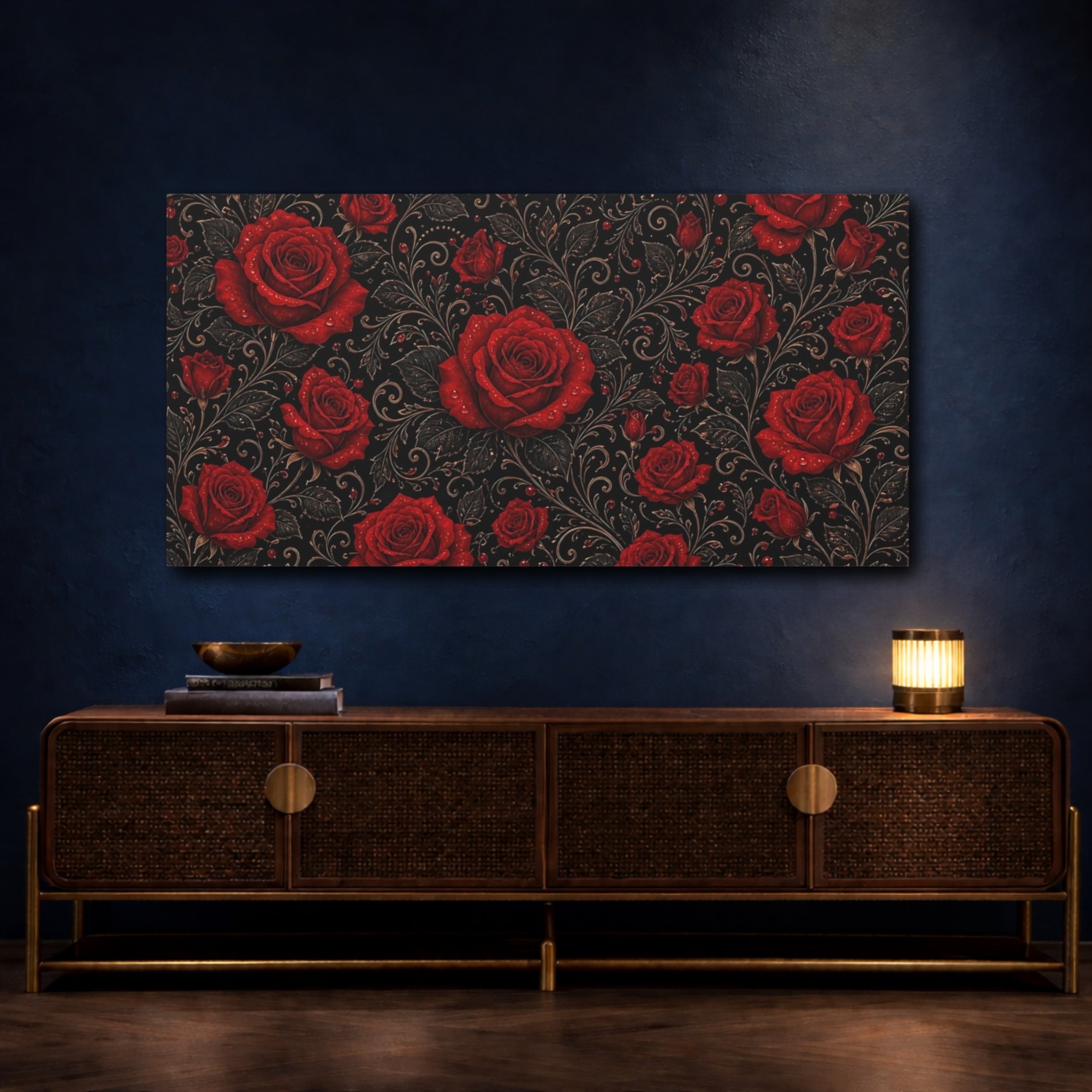 Mockup 4. Floral Red Roses Red And Black Floral shown as stretched canvas wall art