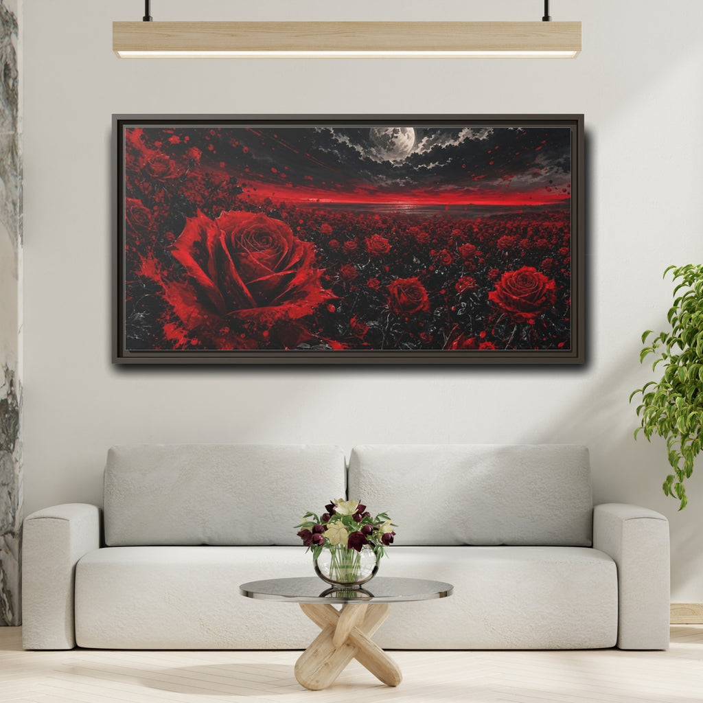 Mockup 2. Floral Red Roses Red And Black Roses shown as stretched canvas wall art