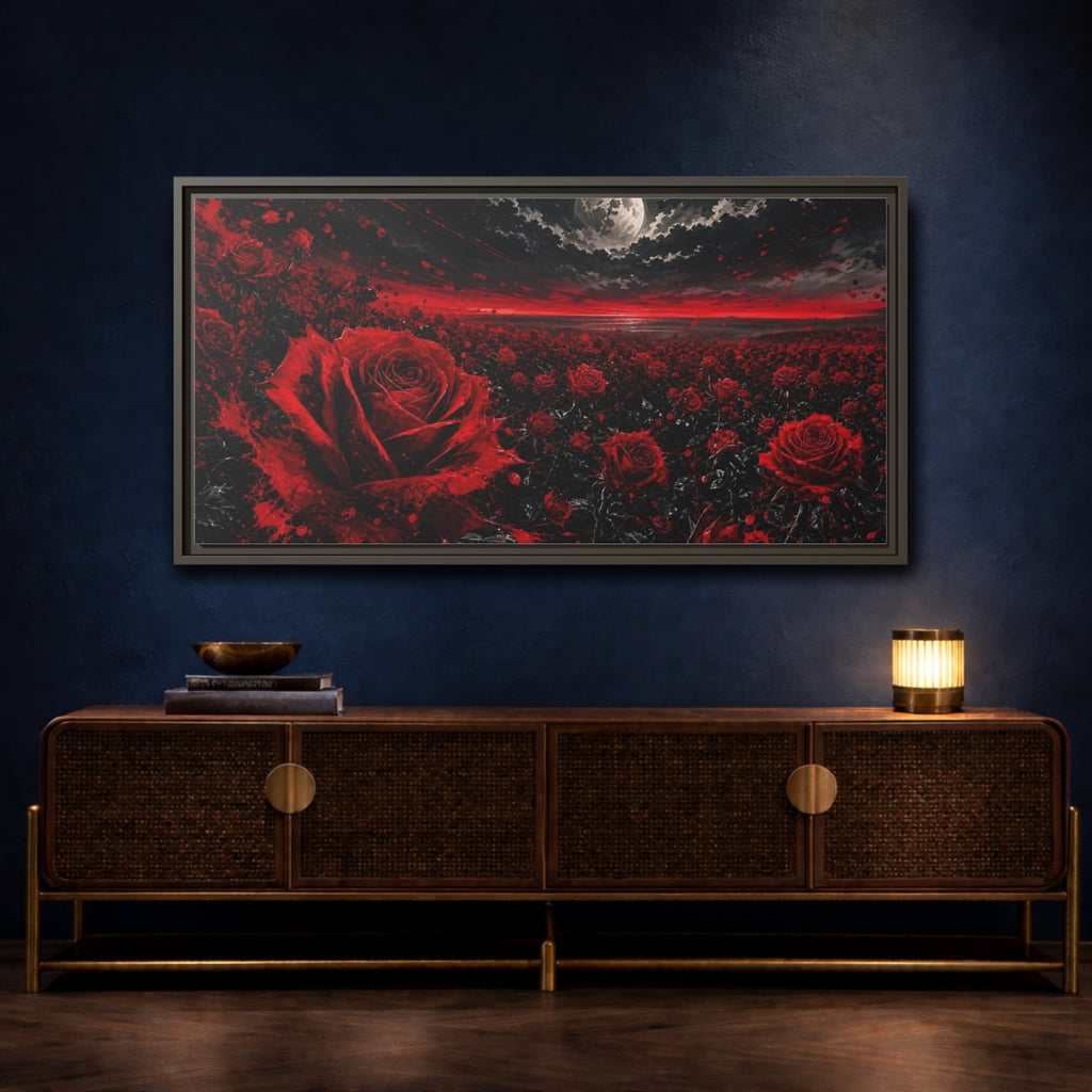 Mockup 4. Floral Red Roses Red And Black Roses shown as stretched canvas wall art
