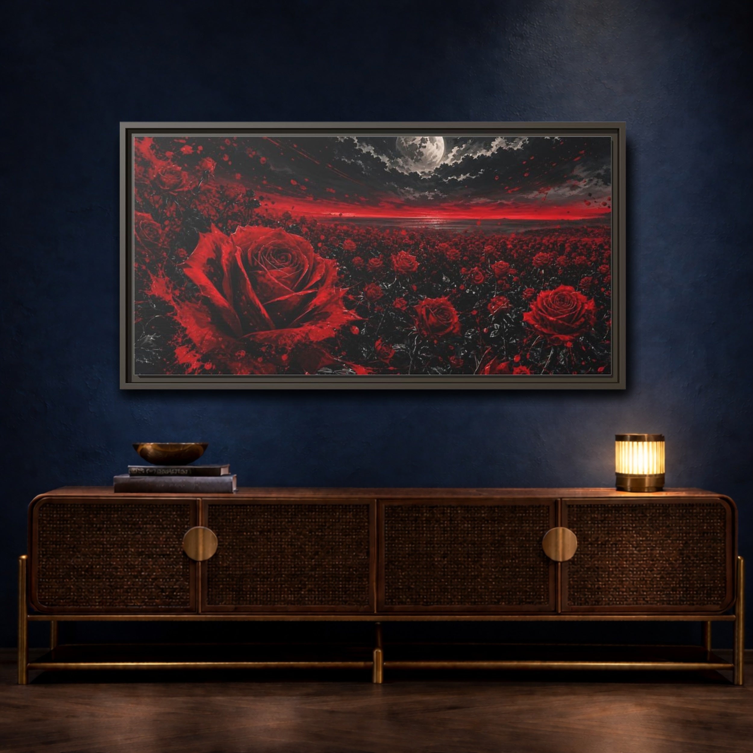 Mockup 4. Floral Red Roses Red And Black Roses shown as stretched canvas wall art
