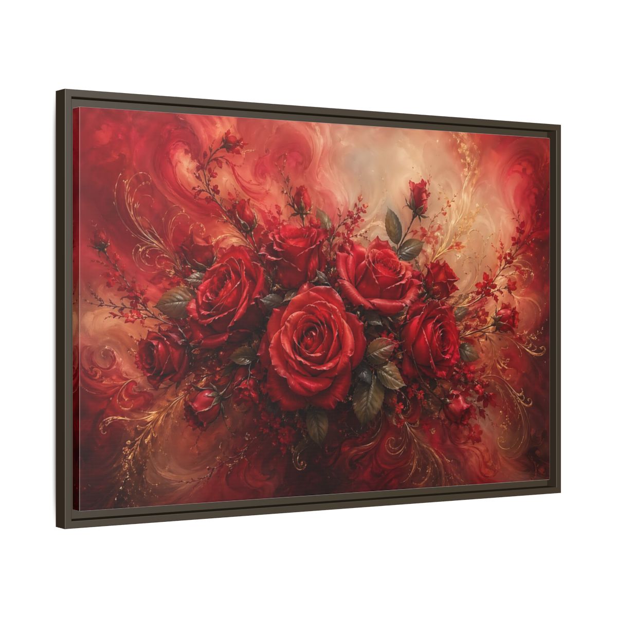 Main Mockup. Floral Red Roses Red And Gold shown as stretched canvas wall art