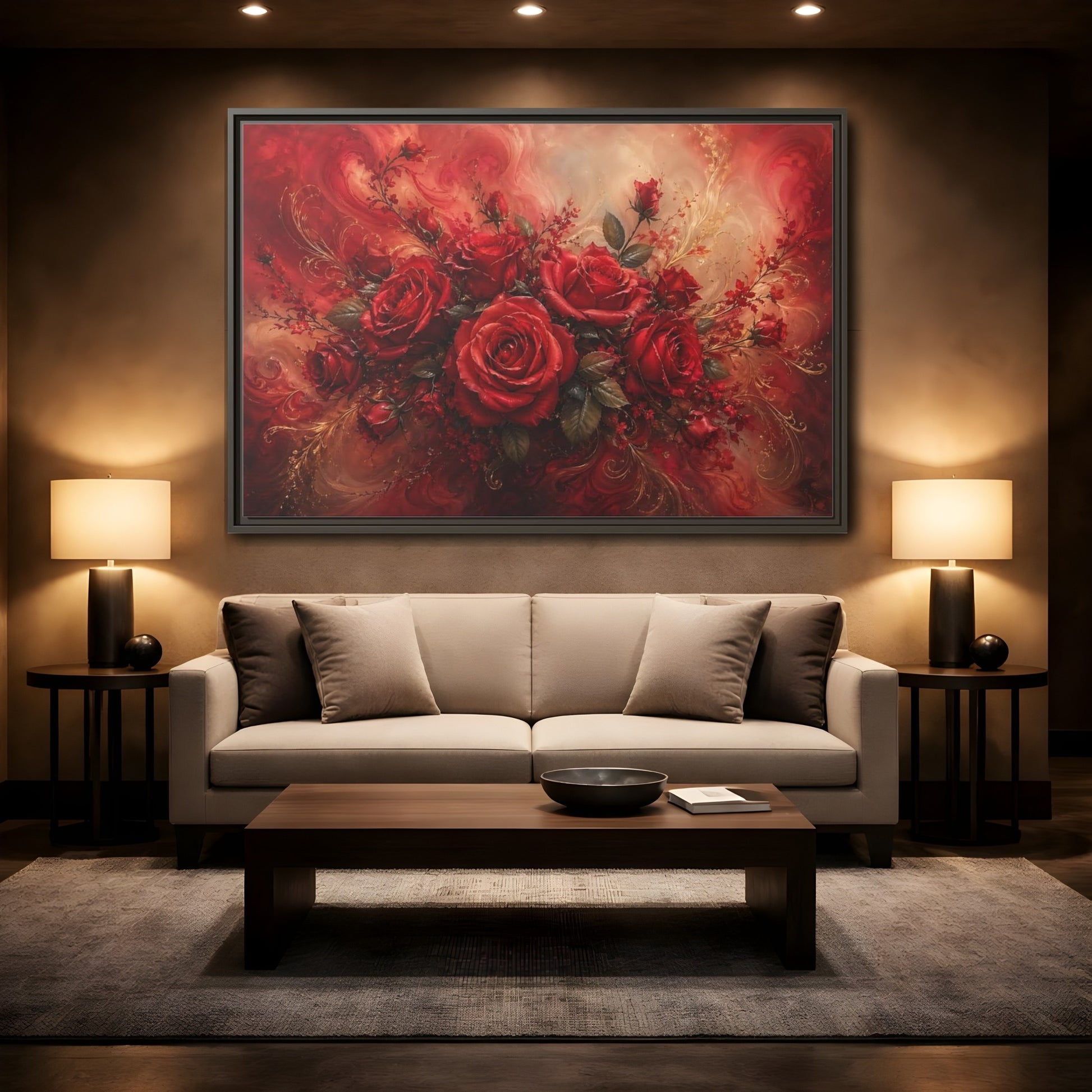 Mockup 2. Floral Red Roses Red And Gold shown as stretched canvas wall art
