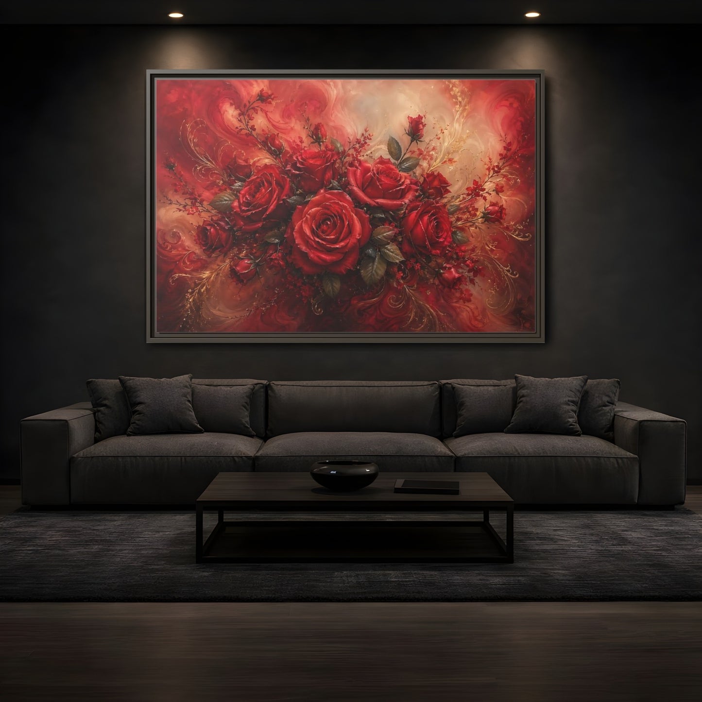 Mockup 3. Floral Red Roses Red And Gold shown as stretched canvas wall art