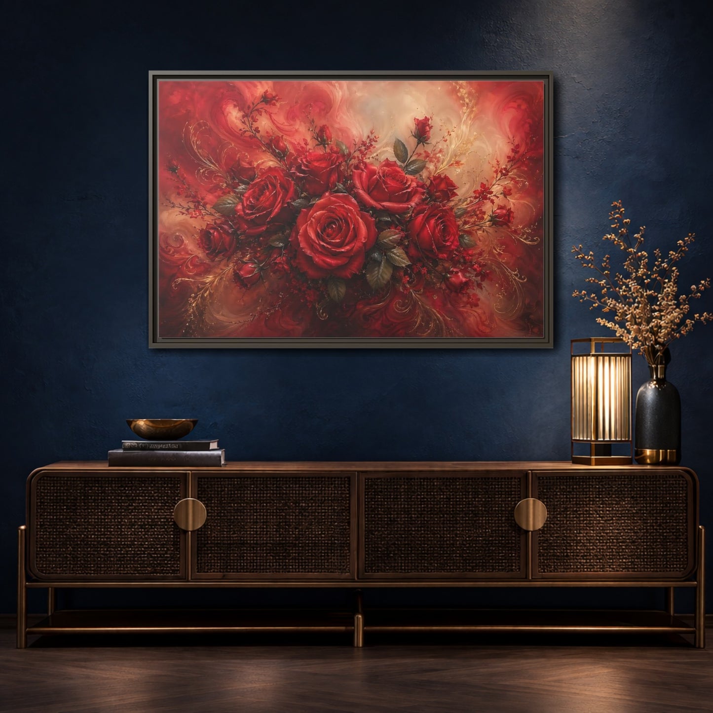 Mockup 4. Floral Red Roses Red And Gold shown as stretched canvas wall art