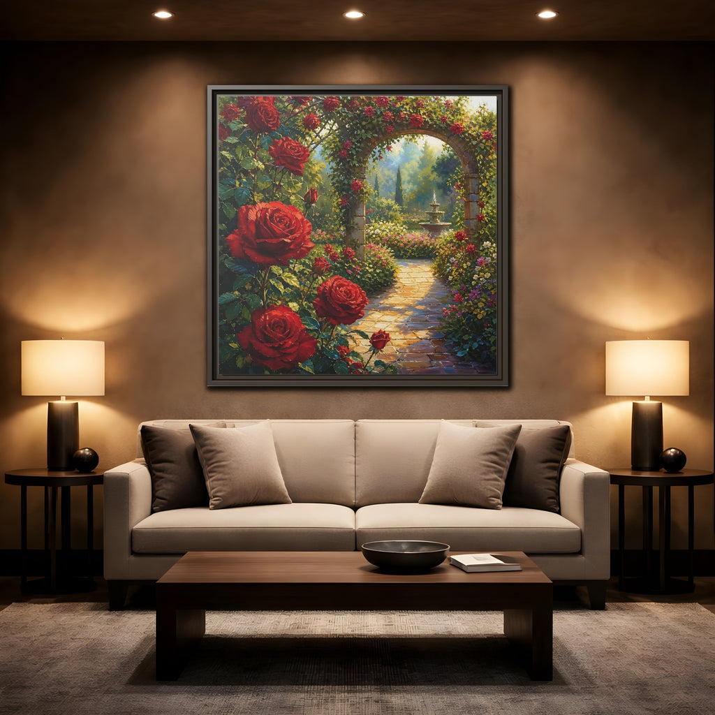 Mockup 2. Floral Red Roses Red Rose Garden shown as stretched canvas wall art