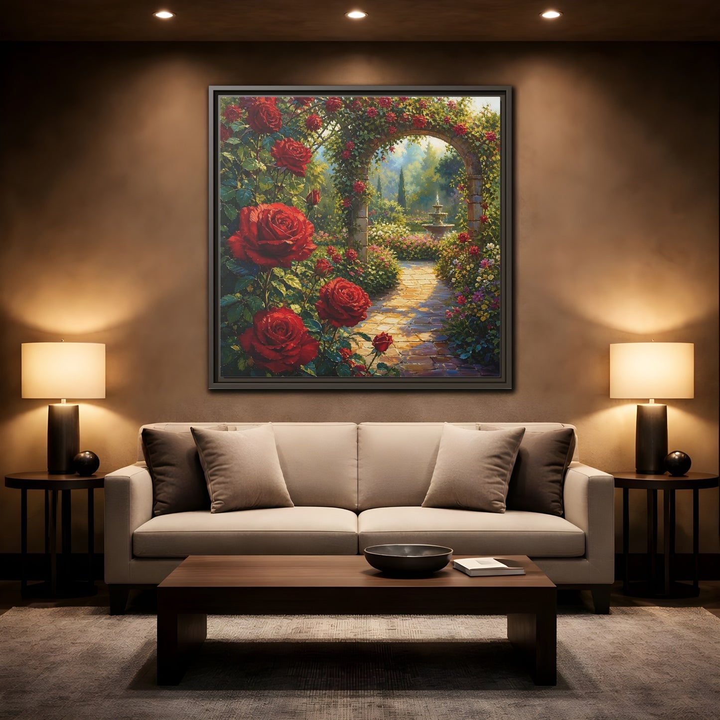 Mockup 2. Floral Red Roses Red Rose Garden shown as stretched canvas wall art
