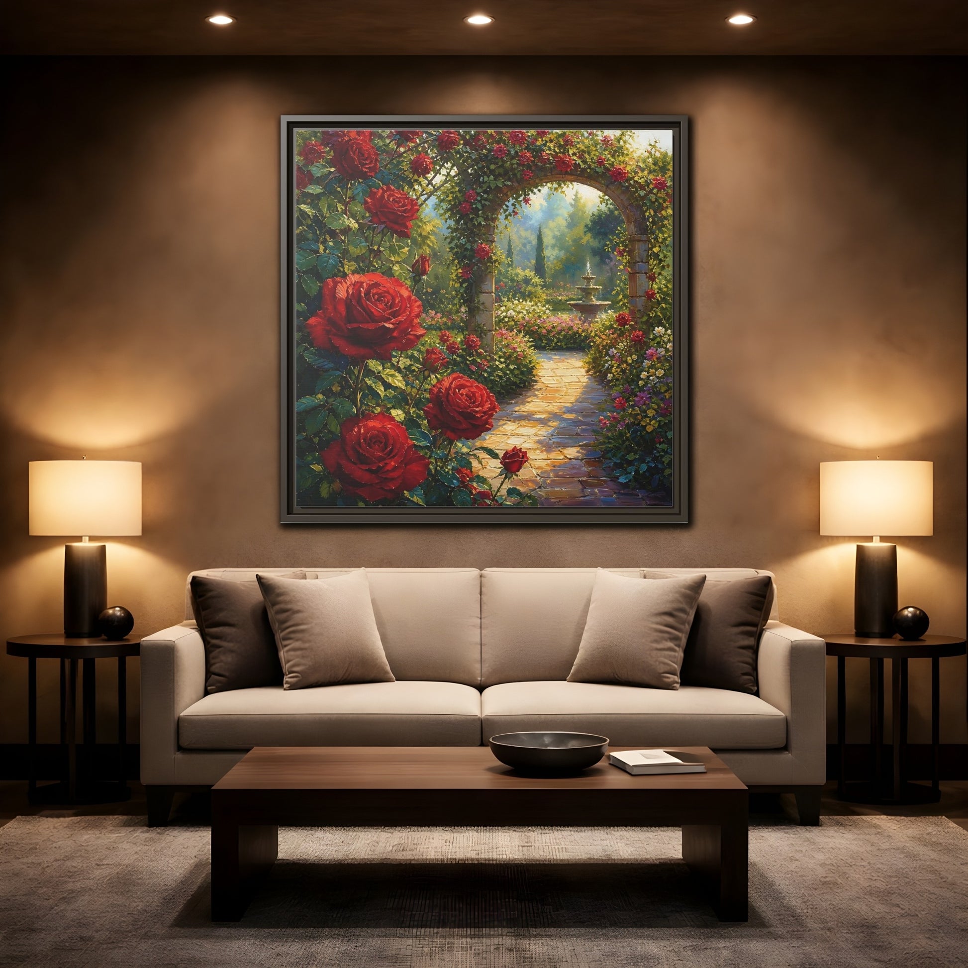 Mockup 2. Floral Red Roses Red Rose Garden shown as stretched canvas wall art