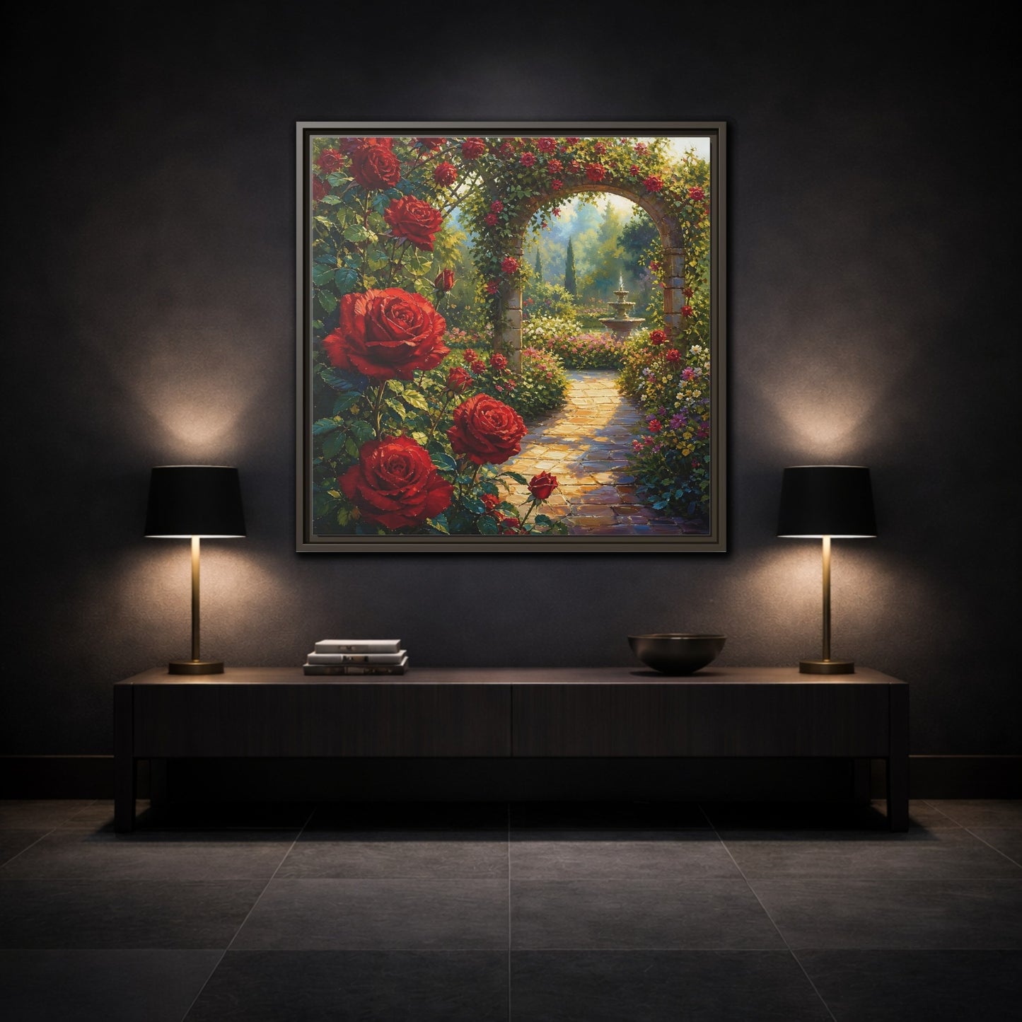 Mockup 3. Floral Red Roses Red Rose Garden shown as stretched canvas wall art
