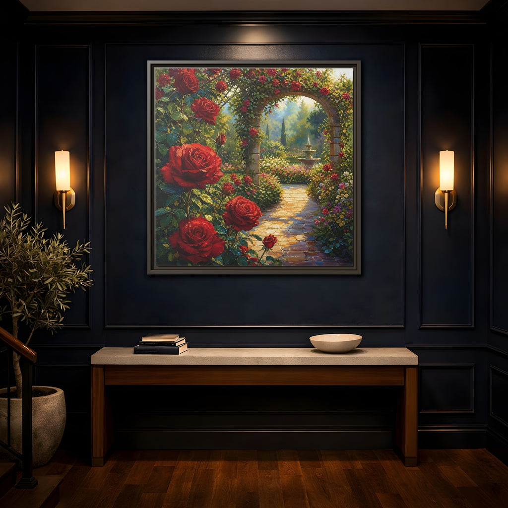 Mockup 4. Floral Red Roses Red Rose Garden shown as stretched canvas wall art