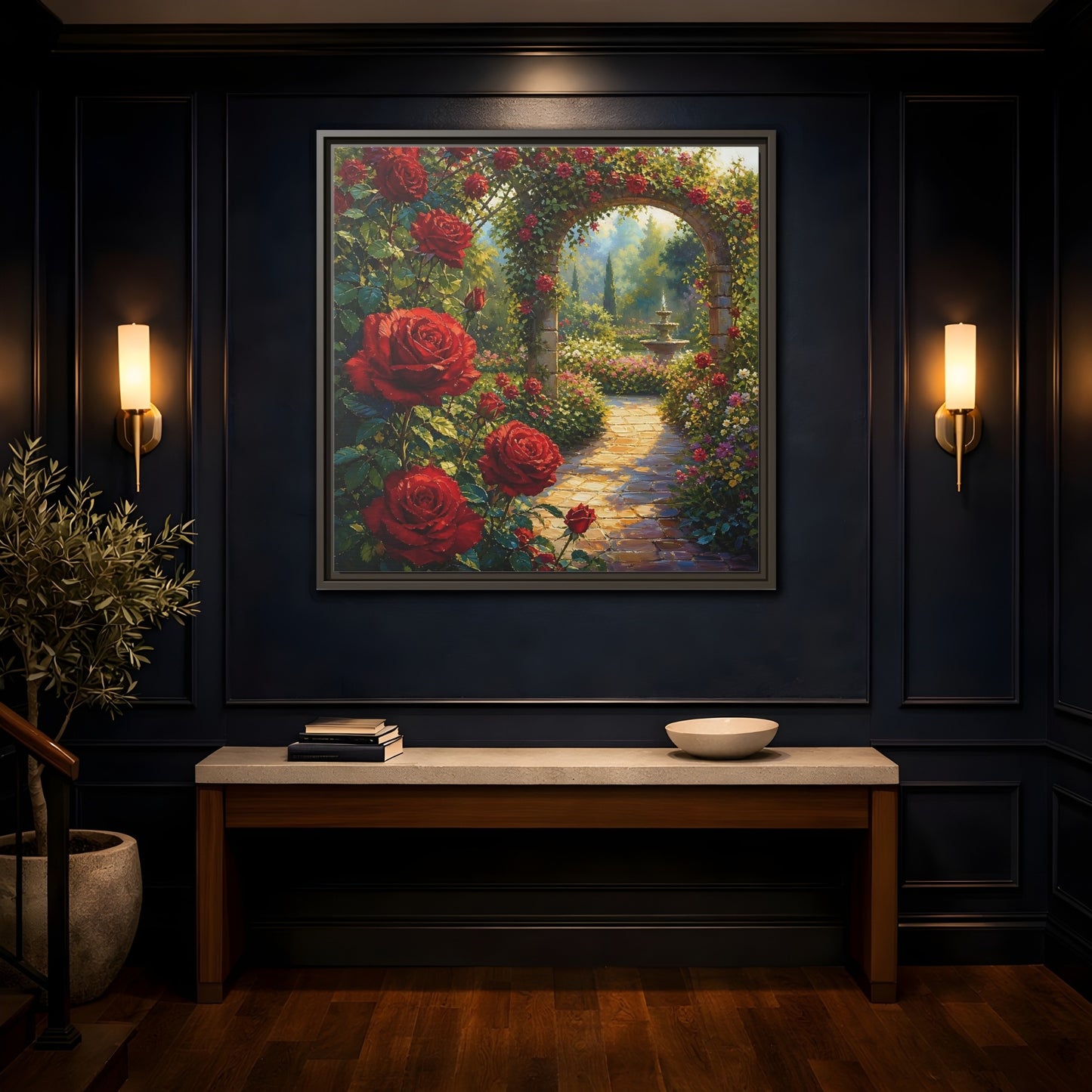 Mockup 4. Floral Red Roses Red Rose Garden shown as stretched canvas wall art