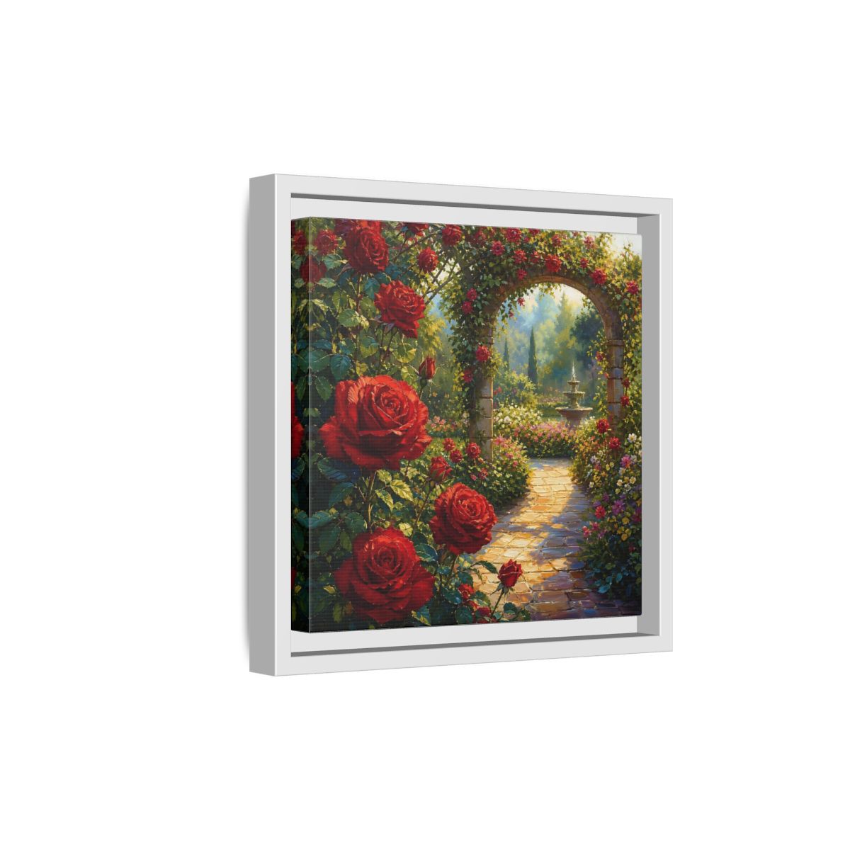 Side Mockup 19. Floral Red Roses Red Rose Garden shown as stretched canvas wall art